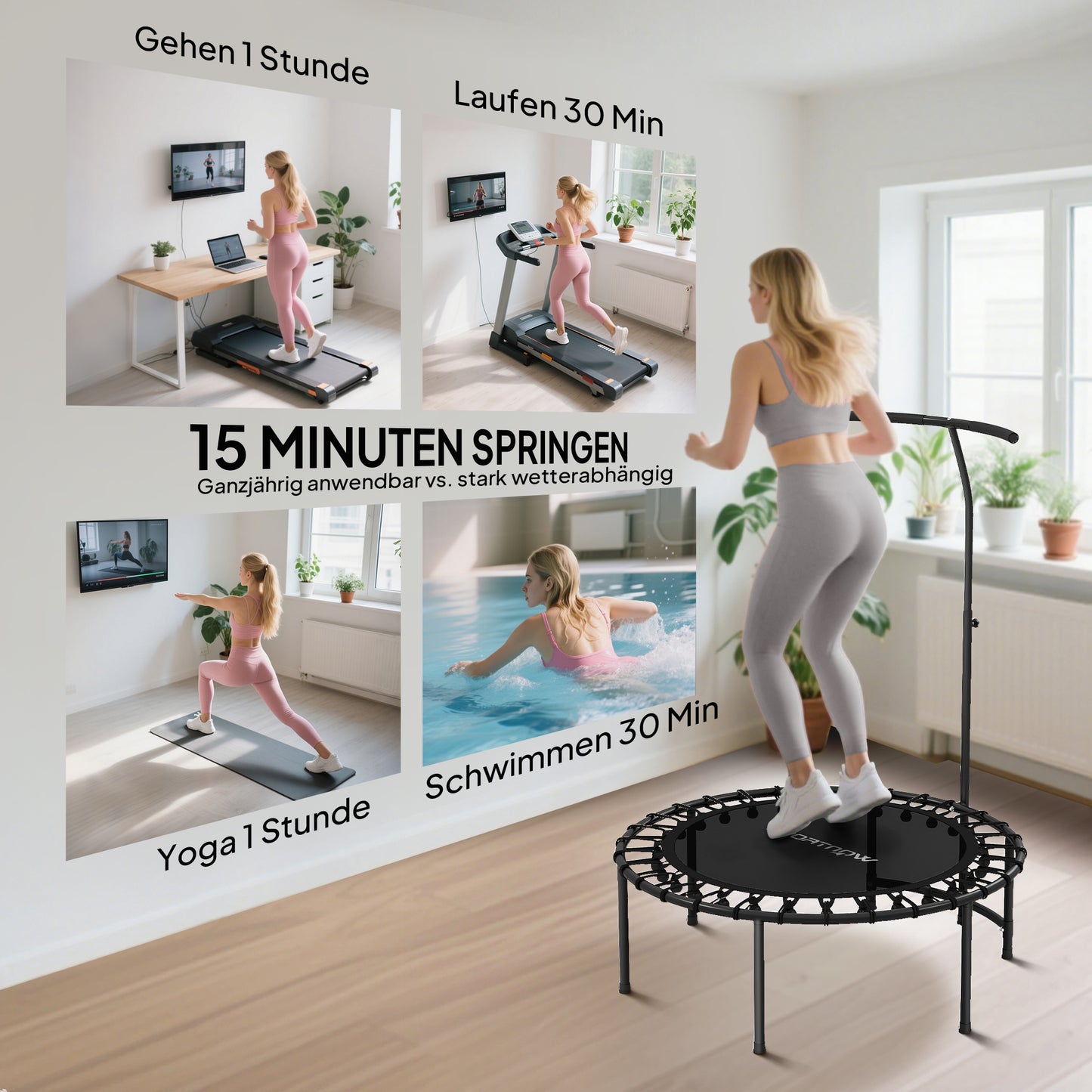 SPORTNOW Rebounder-Trampolin, 5-stufig verstellbarer Griff, Workout-Trampolin, Schwarz