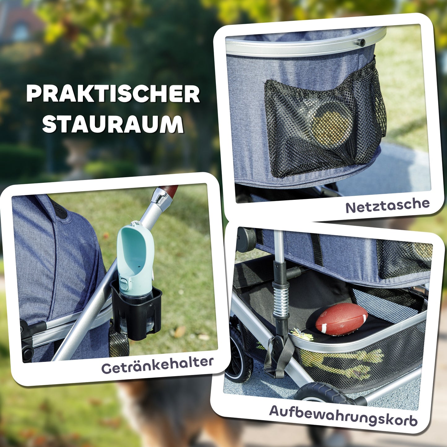 PawHut Hundewagen 3 in 1 Hundebuggy klappbar för Katzen till 10 kg Katzenbuggy mit Kissen Becherhalter Dunkelblau