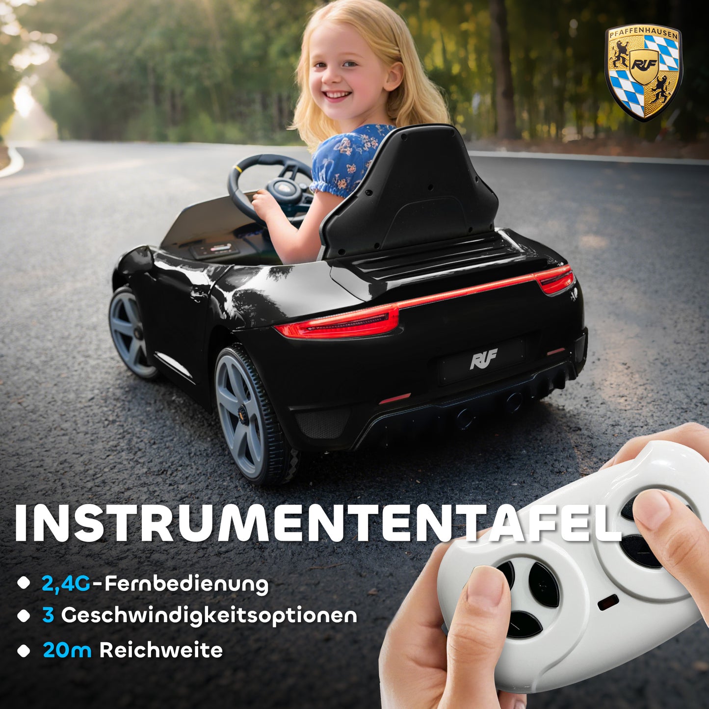 AIYAPLAY Elektrisches Aufsitzauto für Kinder, fernsteuerbar, Musik, Hupe, USB, Sicherheitsgurt, für 3-5 Jahre, Schwarz