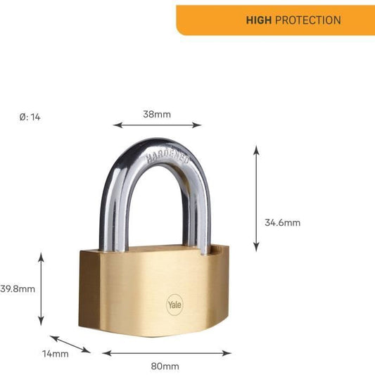 Hammer safety padlock - YALE - Y2B/80/138/1 - Brass 80 mm - Case-hardened steel shackle - 3 keys