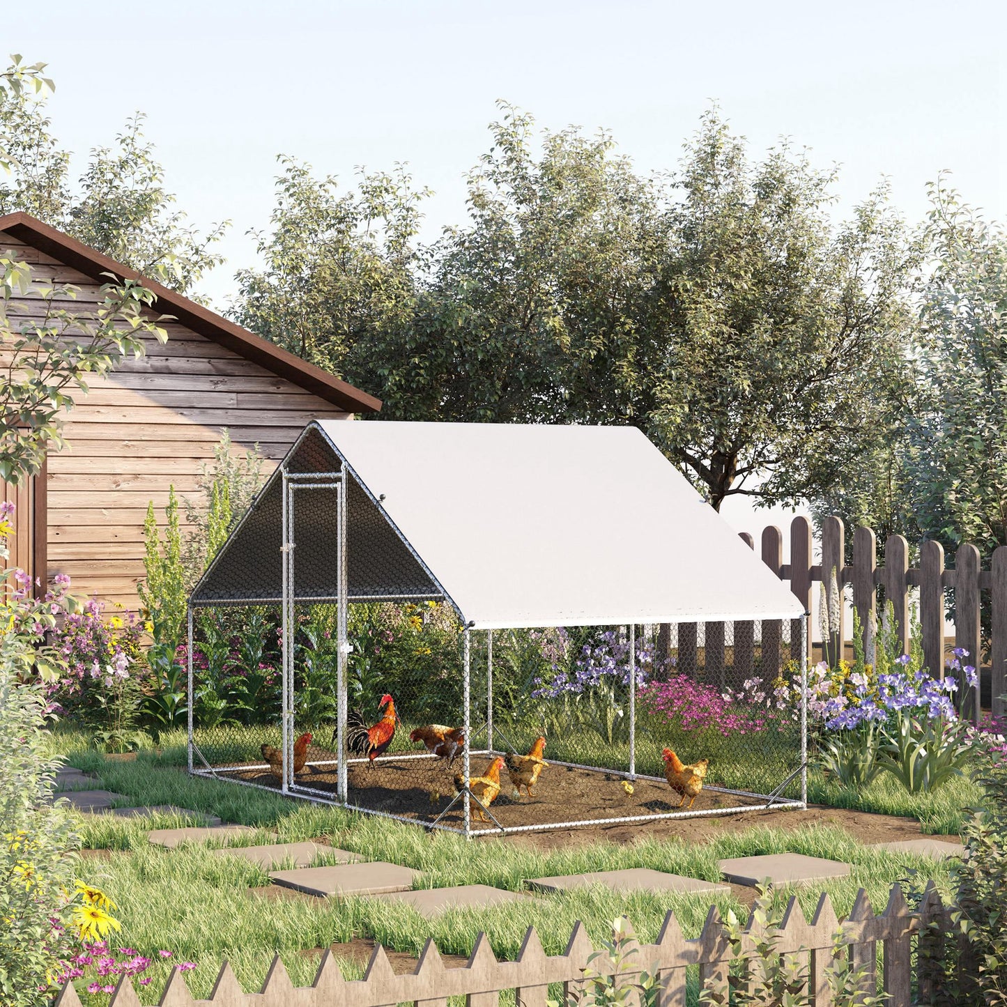 PawHut Hühnerstall, Freilaufgehege, Geflügelstall mit Schattendach, Freigehege für 4-6 Hühner, Enten Kaninchen, 3 x 2 x 2 m