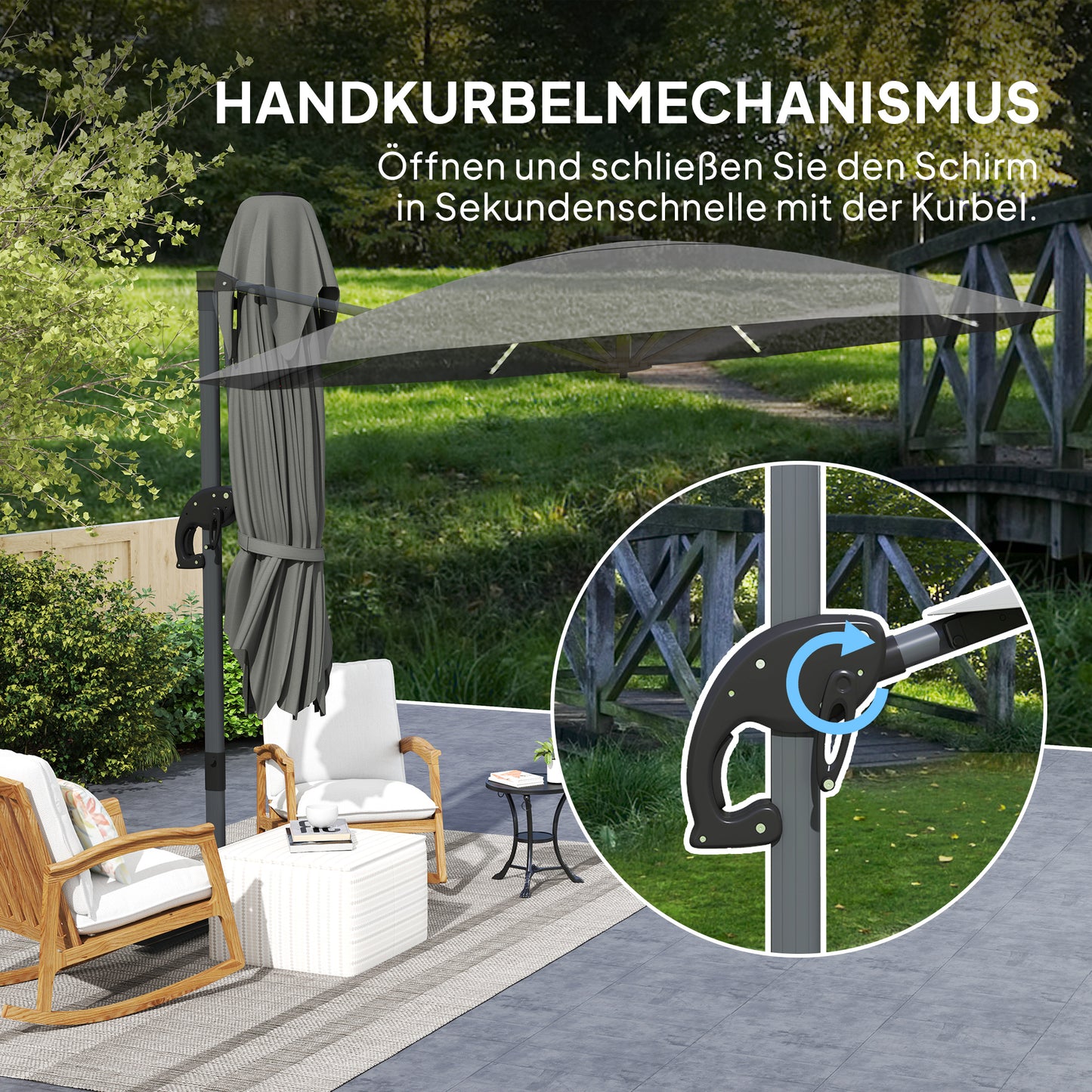 Outsunny Alu Ampelschirm LED Solar Ø300 cm höhenverstellbar Sonnenschirm mit Kurbel Ständer UV50+ Dunkelgrau