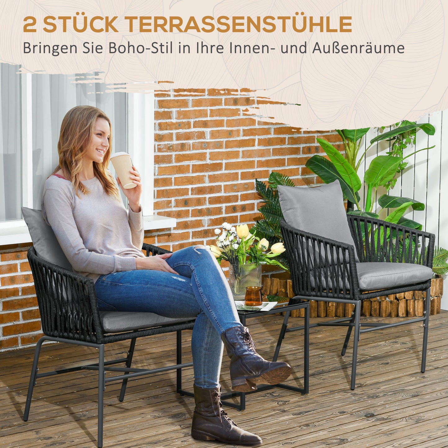 Outsunny Outdoor Stühle, 2-er Set, Boho-Design, Sitz- und Rückenkissen, bequeme Sitzschale, Metallrahmen, Schwarz