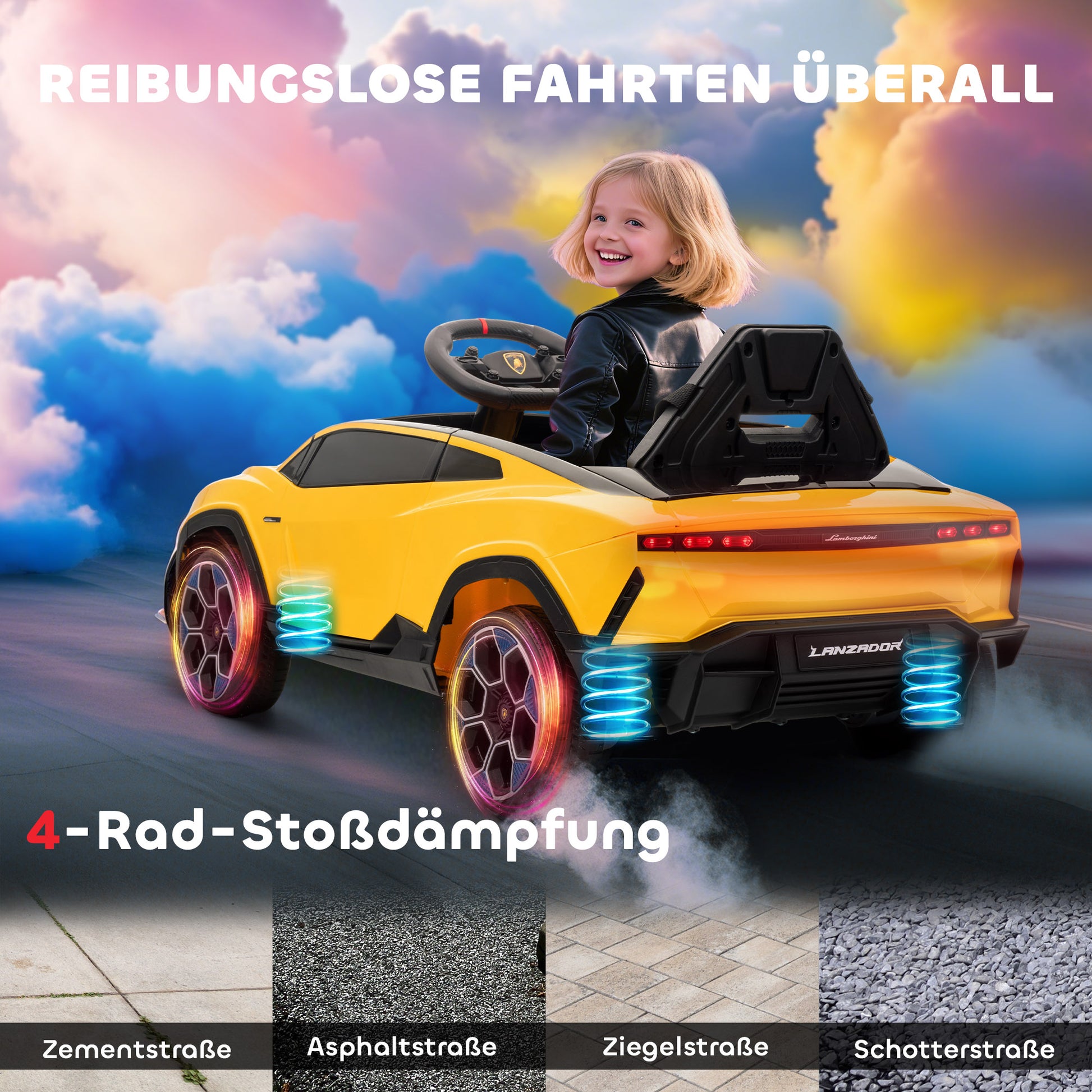 AIYAPLAY Kinder Elektroauto 12V Kinderauto mit 2,4 GHz Fernbedienung, 2 Motor, Hupe, LED, Musik, 101,5 x 49 x 43 cm, Gelb