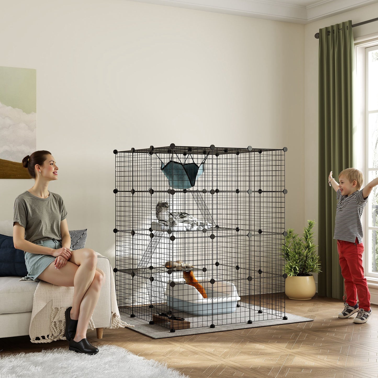 PawHut Katzenkäfig für Drinnen 4-stöckig DIY-Katzengehege mit dichtem Metalldraht Hängematte Rampe Türen Sprungplattformen