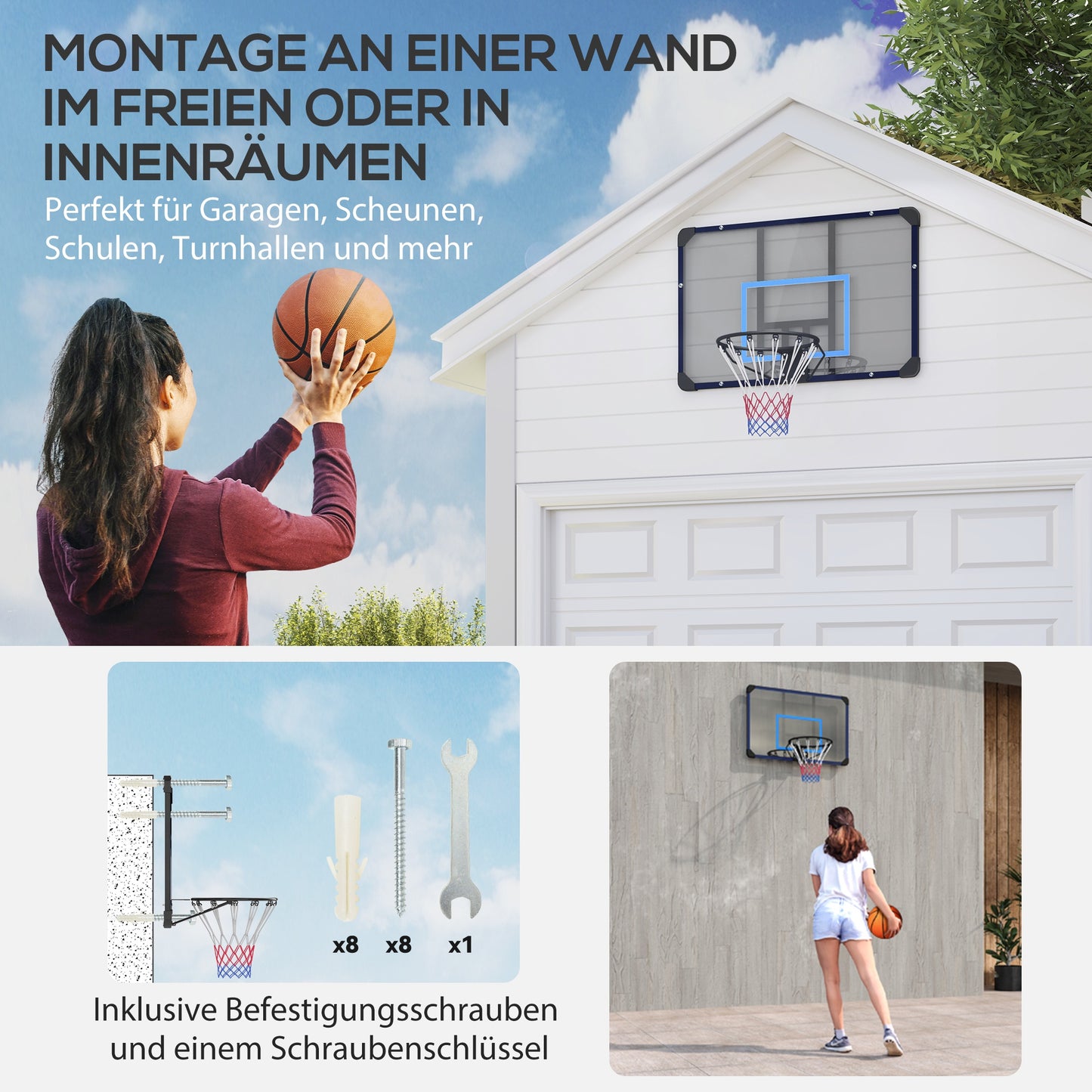 SPORTNOW Basketballkorb, universelle Wandhalterung, reißfestes Netz, rostfreier Stahlrahmen, 113 x 61 x 73 cm