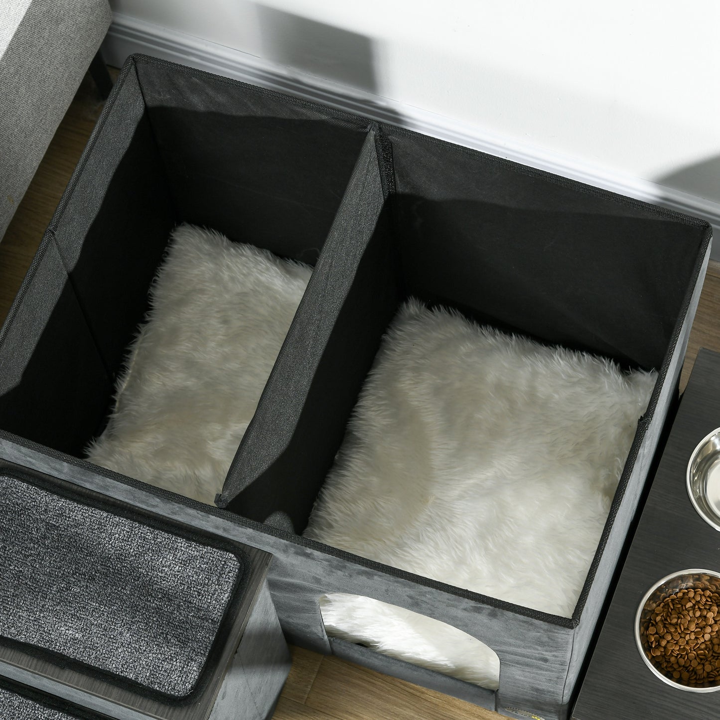 PawHut Katzenhaus Katzenhütte Katzenhöhle, 3 Haustiertreppen, 2 Fressnäpfe, 70 x 50 x 51, cm, Grau