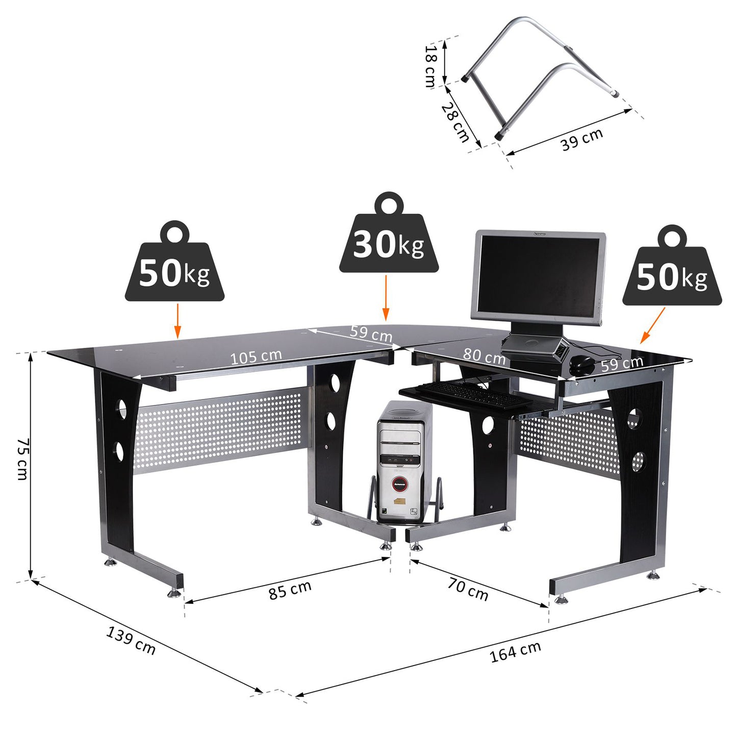 HOMCOM Computertisch Eckschreibtisch Schreibtisch Bürotisch PC Tisch mit schwarzem Sicherheitsglas L-förmig 164x139x75 cm