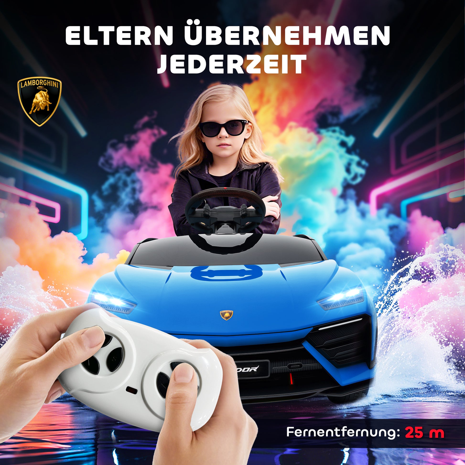 AIYAPLAY Kinder Elektroauto 12V Kinderauto mit 2,4 GHz Fernbedienung, 2 Motor, Hupe, LED, Musik, 101,5 x 49 x 43 cm, Blau
