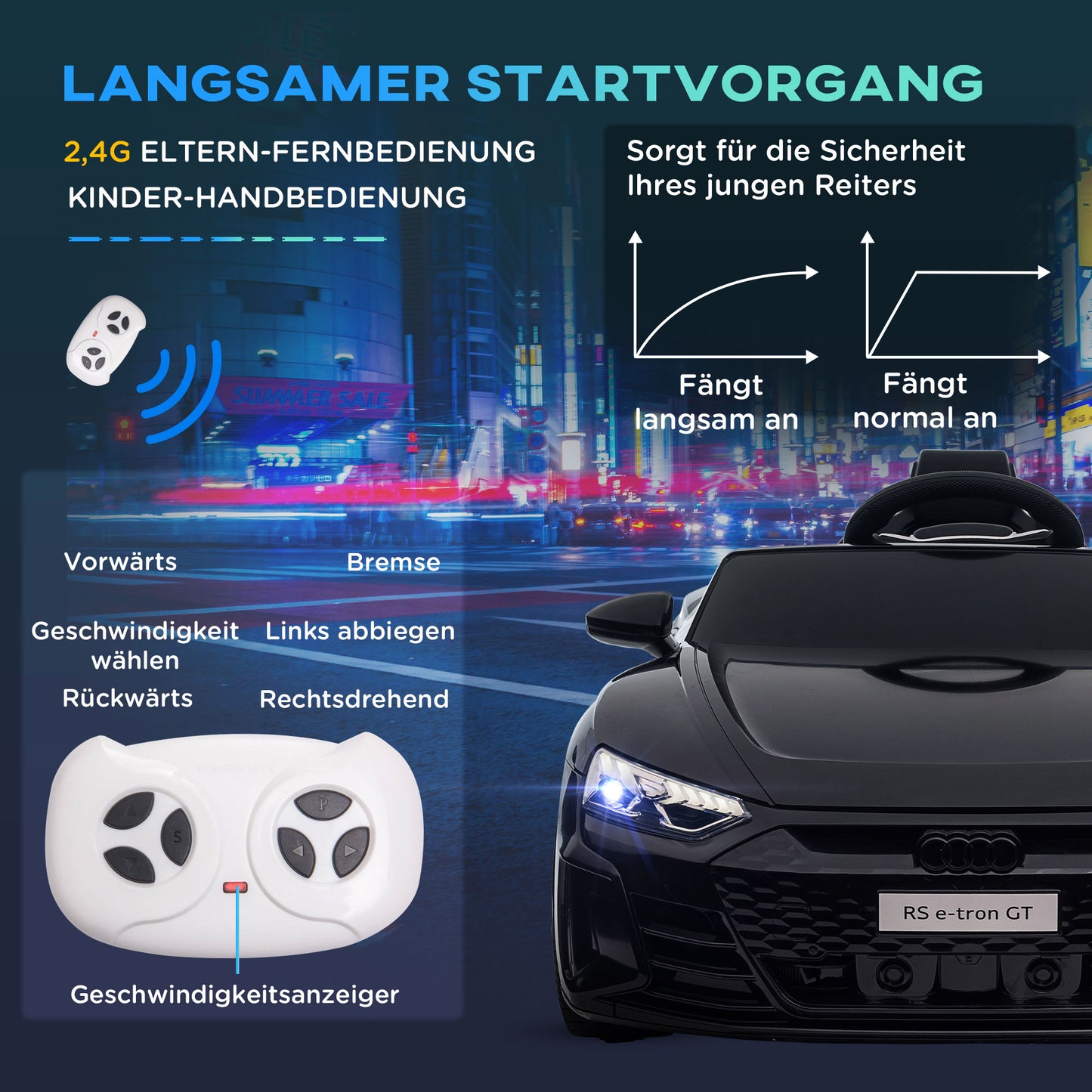 HOMCOM Kinderauto, Elektroauto, Audi-lizenziert, mit Sicherheitsgurt, Fernbedienung, Licht, schwarz, 103 x 58 x 41cm