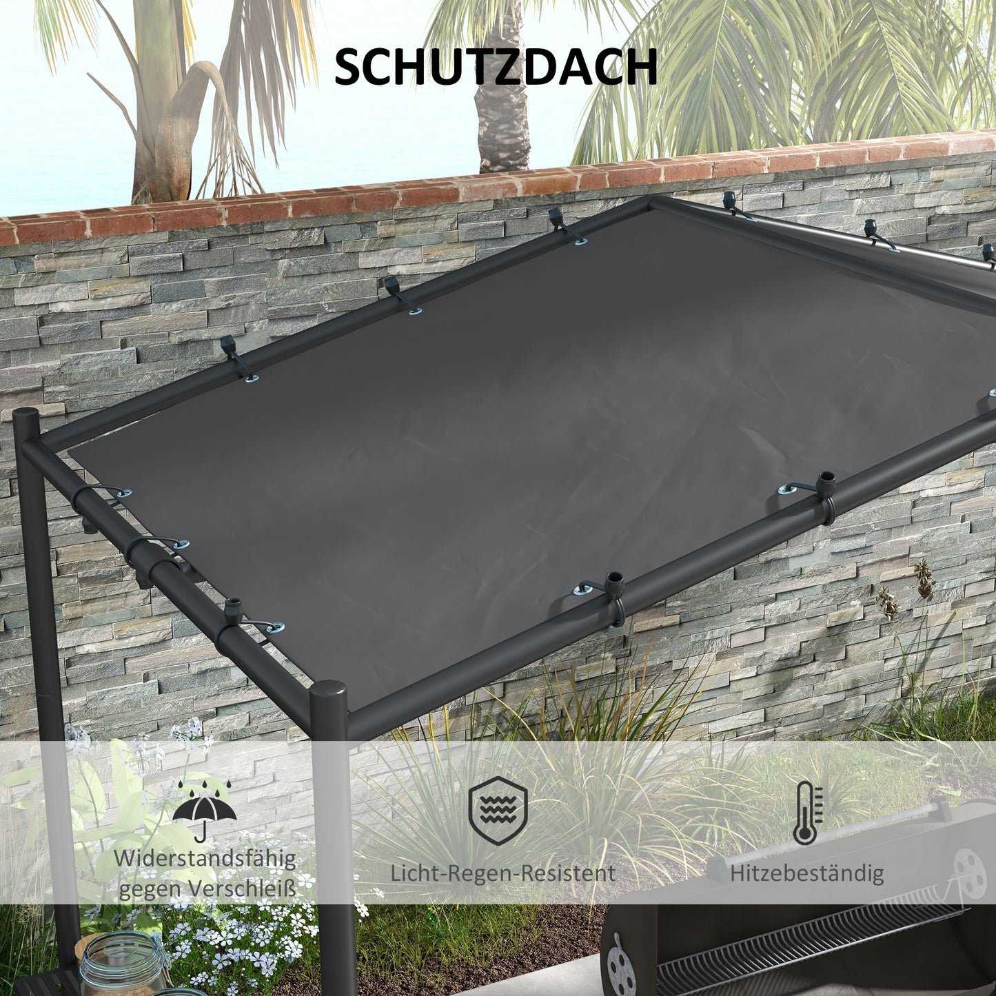 Outsunny Grillzelt Grilldach, wetterbeständig, inkl. Seitentaschen, 277 x 149 x 230 cm, Dunkelgrau