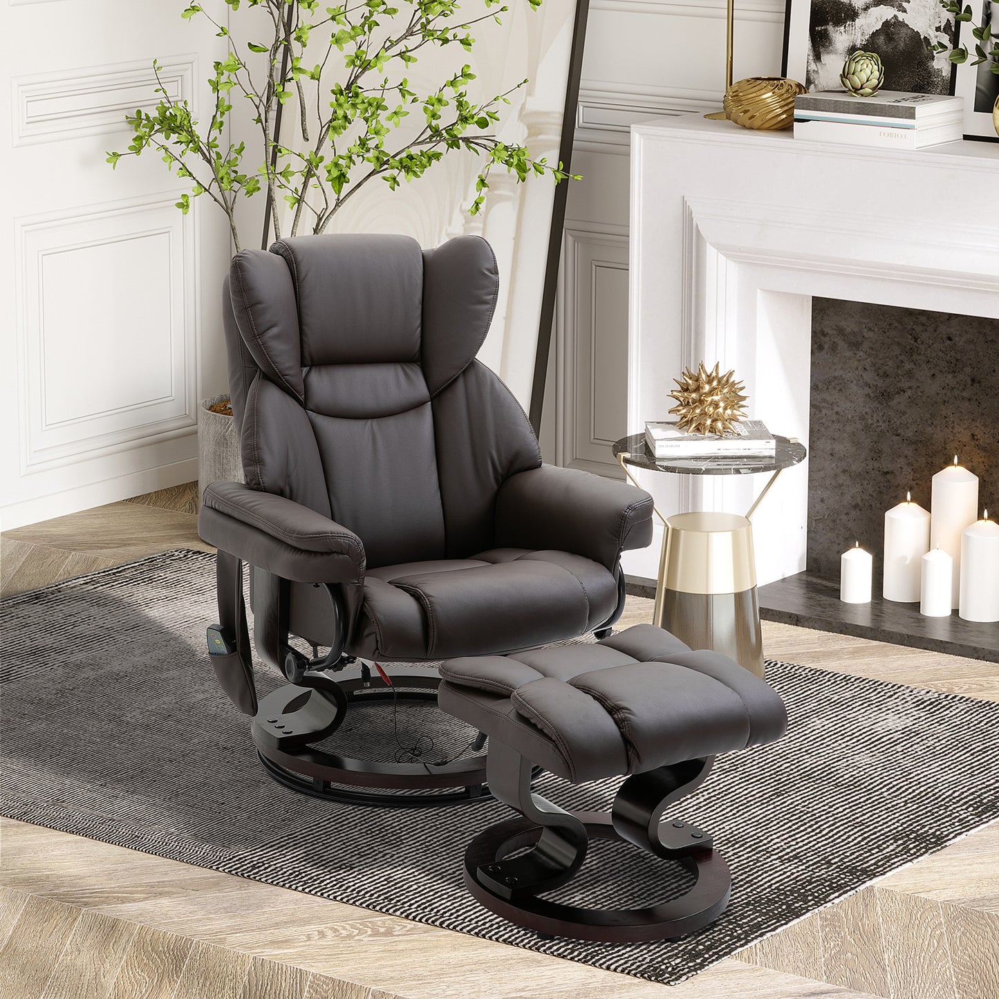 HOMCOM Relaxsessel mit Hocker, 360°drehbarer Fernsehsessel mit Massage, Liegefunktion, Massagesessel mit Seitentasche, Liegesessel, Kunstleder für Wohnzimmer Braun