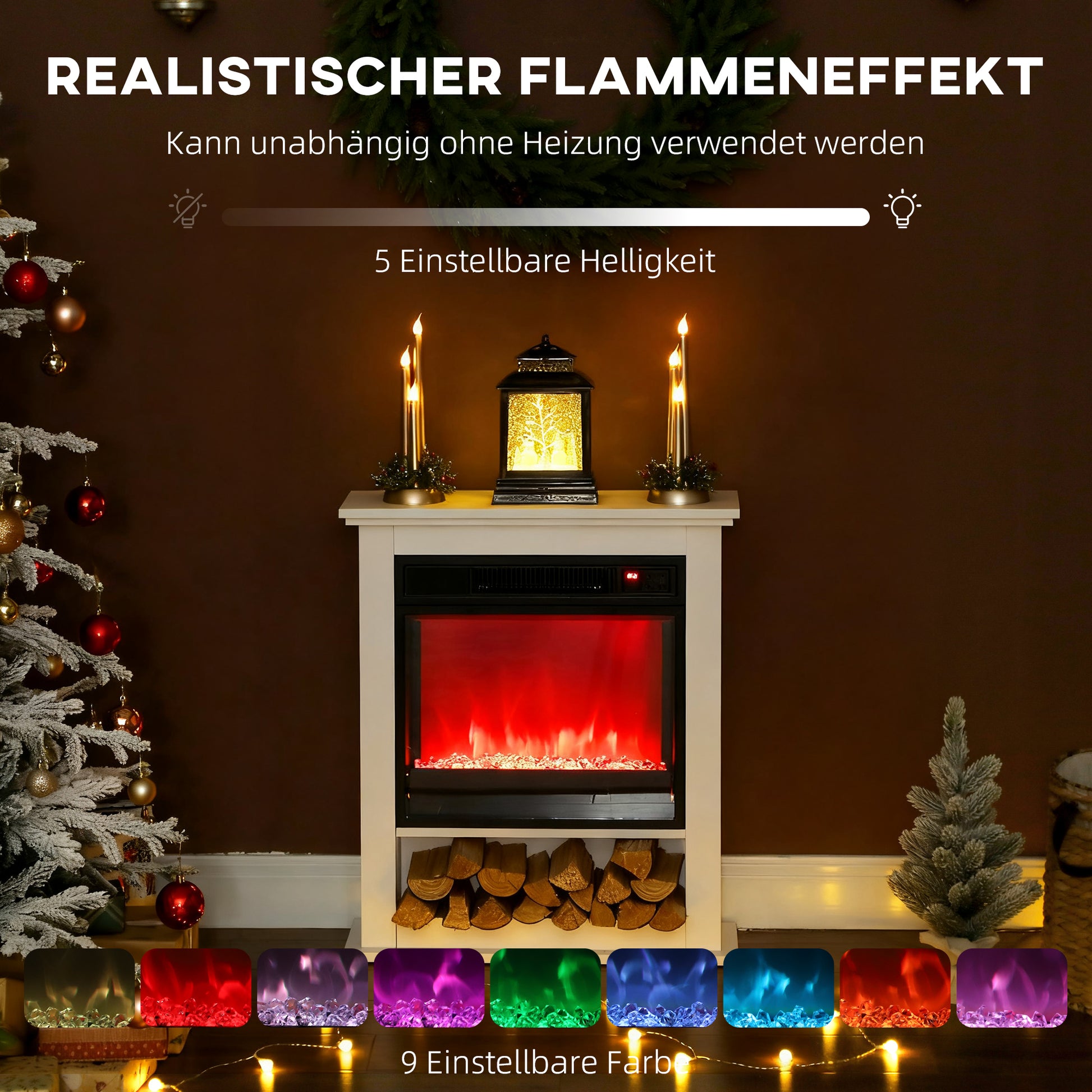 HOMCOM Elektrischer Kamin, realistische Flammen mit 9 Farben, verstellbare Helligkeit, 1800W, Fernbedienung, Timer, Weiß
