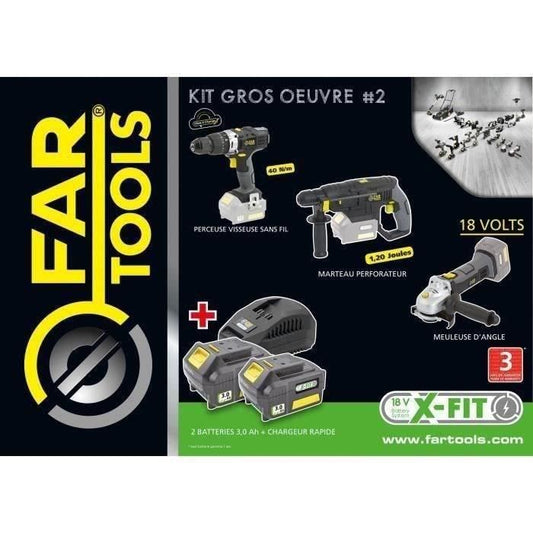 X-FIT PACK 'BIG WORK' 3 machines 18V + 2 batteries 18V 3.0Ah: Drill / screwdriver + Perfo hammer + Angle grinder