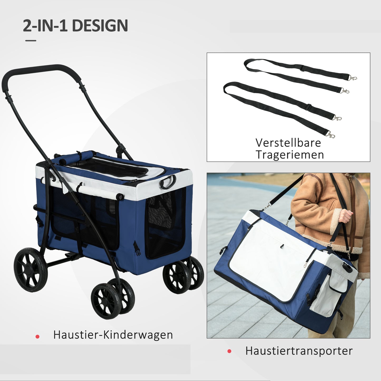 PawHut Hundbuggy Haustierbuggy Haustiertransporter bis 10kg klappbar verstellbare Trageriemen abnehmbarer Korb 81 x 58 x 97,5 cm Schwarz + Blau + Weiß