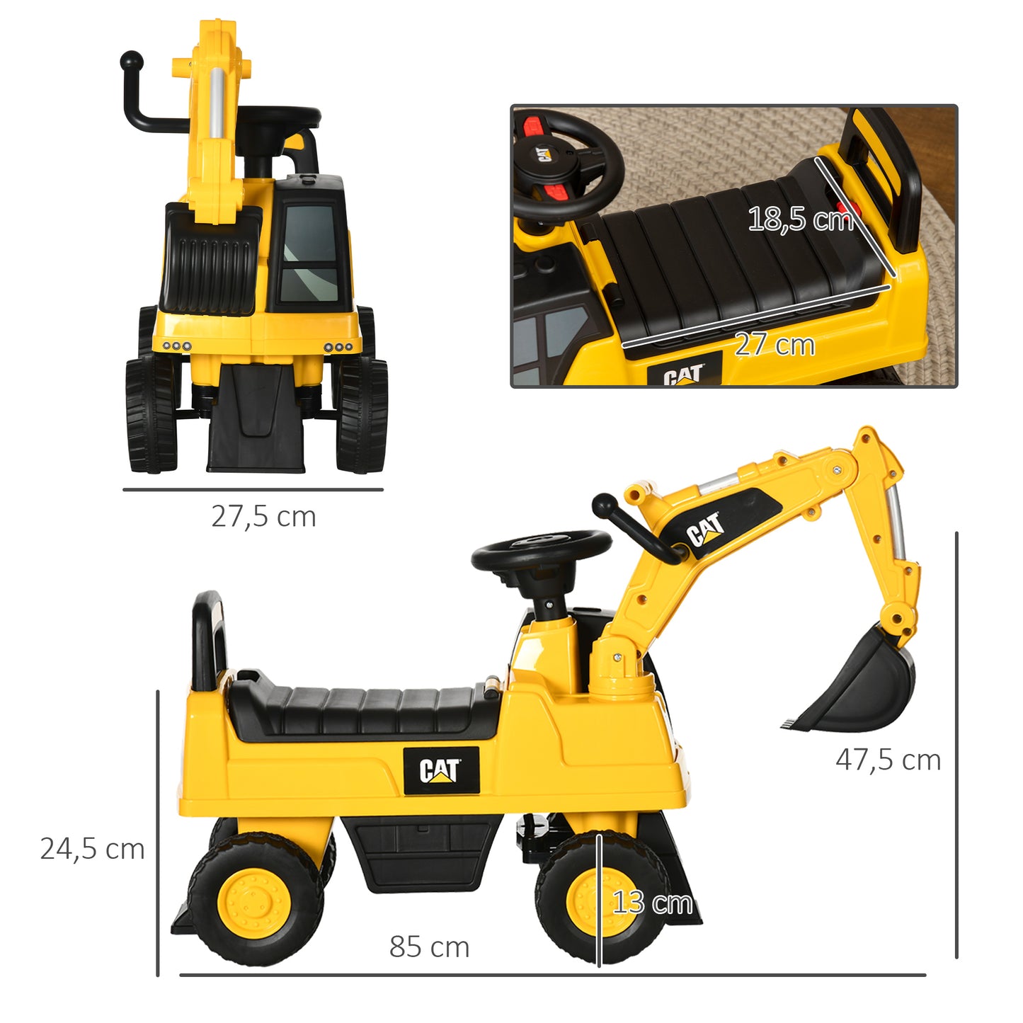 HOMCOM Kinderbagger, Rutscher, bedienbare Schaufel, Kippschutz, rutschfeste Räder, gelb+schwarz, 85 x 27,5 x 47,5 cm