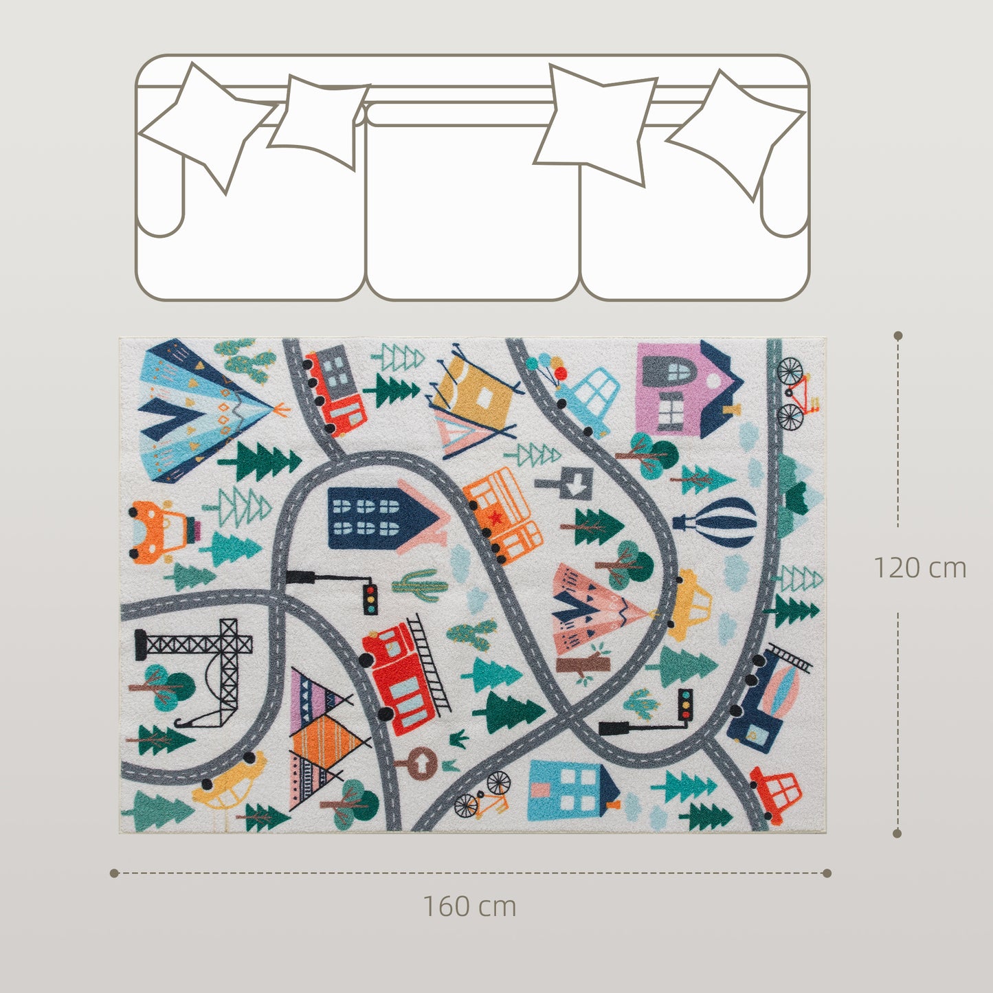 HOMCOM Teppich mit Autobahn-Muster, weißer Hintergrund, weiches Fleece, pflegeleicht, Bunt