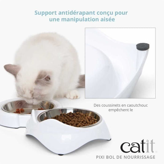 Cat Bowl - CATIT - PIXI - 2 x 200ml - Double - Removable Stainless Steel Bowls - White