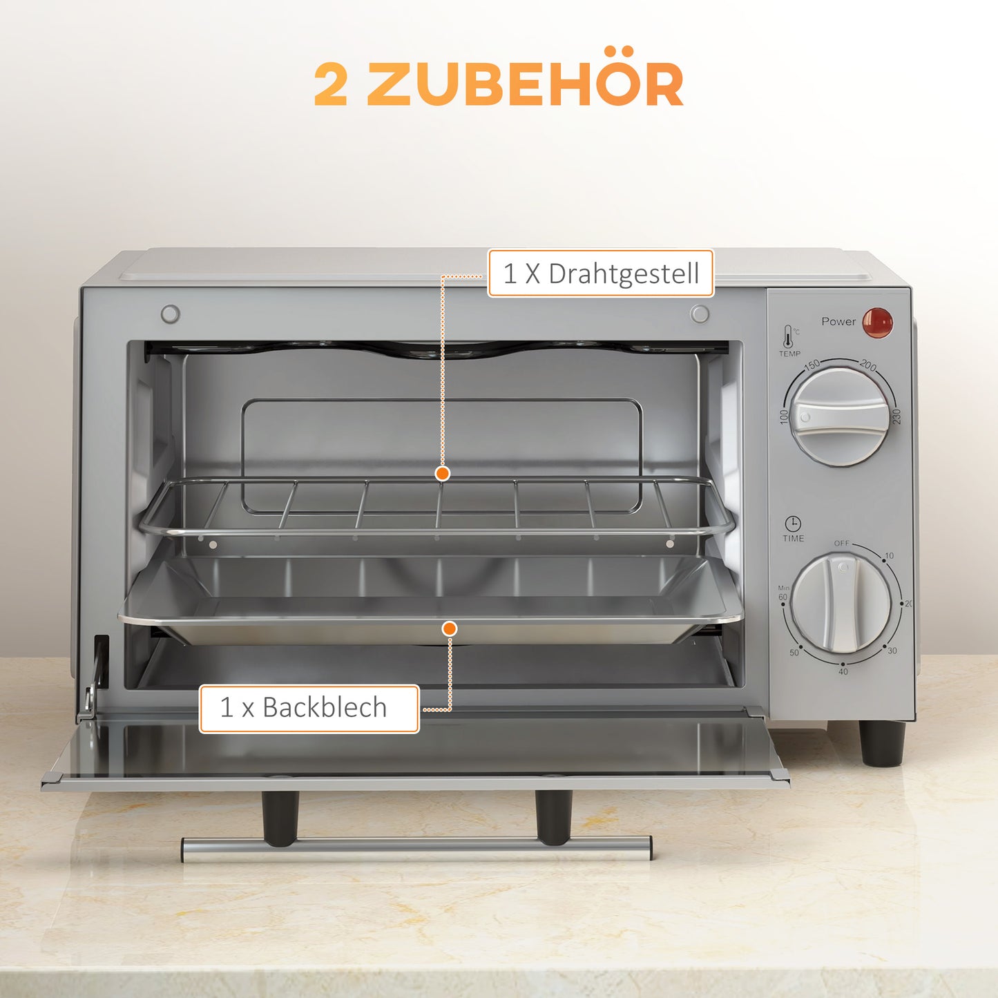 HOMCOM Minibackofen, 9 L Mini-Ofen mit Backblech, Grillrost, mit einstellbarer Temperatur und Garzeit, Edelstahl, Silber
