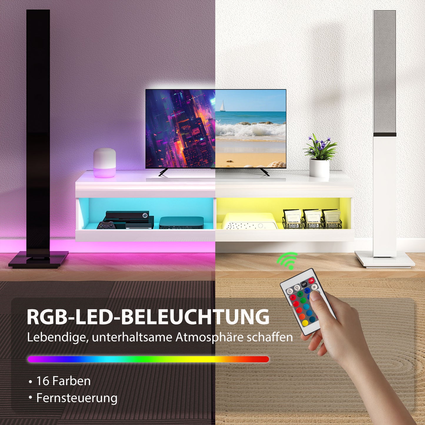 HOMCOM TV Schrank, Hängendes TV Lowboard mit RGB LED-Beleuchtung in 16 Farben, TV Ständer mit offenen Stauraum, für 55-60 Zoll Fernseher, für Wohnzimmer, Schlafzimmer, 140 x 40 x 30 cm, Hochglanzweiß