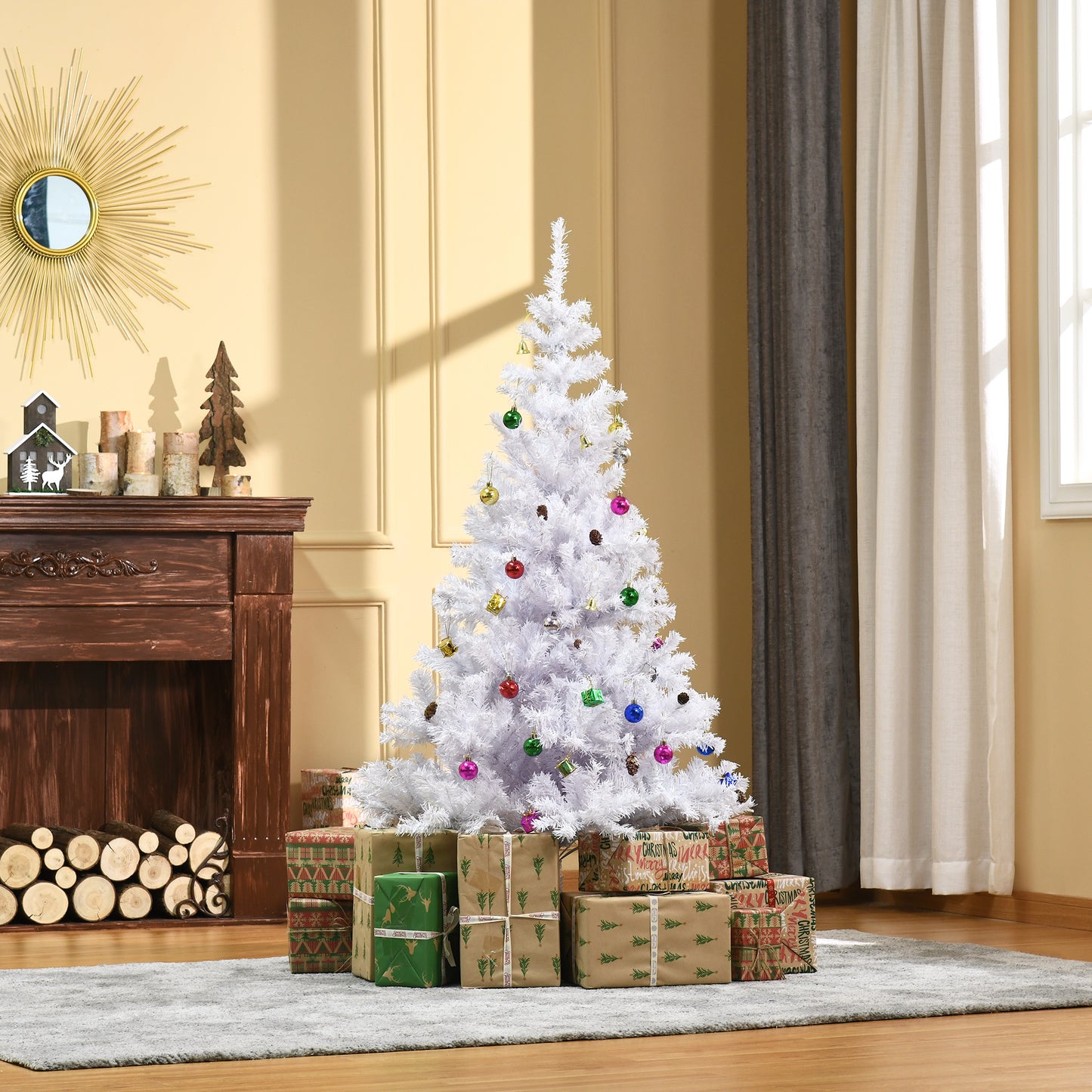 HOMCOM Künstlicher Weihnachtsbaum 150 cm künstlich Tannenbaum mit Kugeln, Glocken, Trommeln, Geschenkboxen, Christbaum mit 680 Spitzen, 12 Tannenzapfen Weihnachtsdeko inkl. Metallständer für drinnen