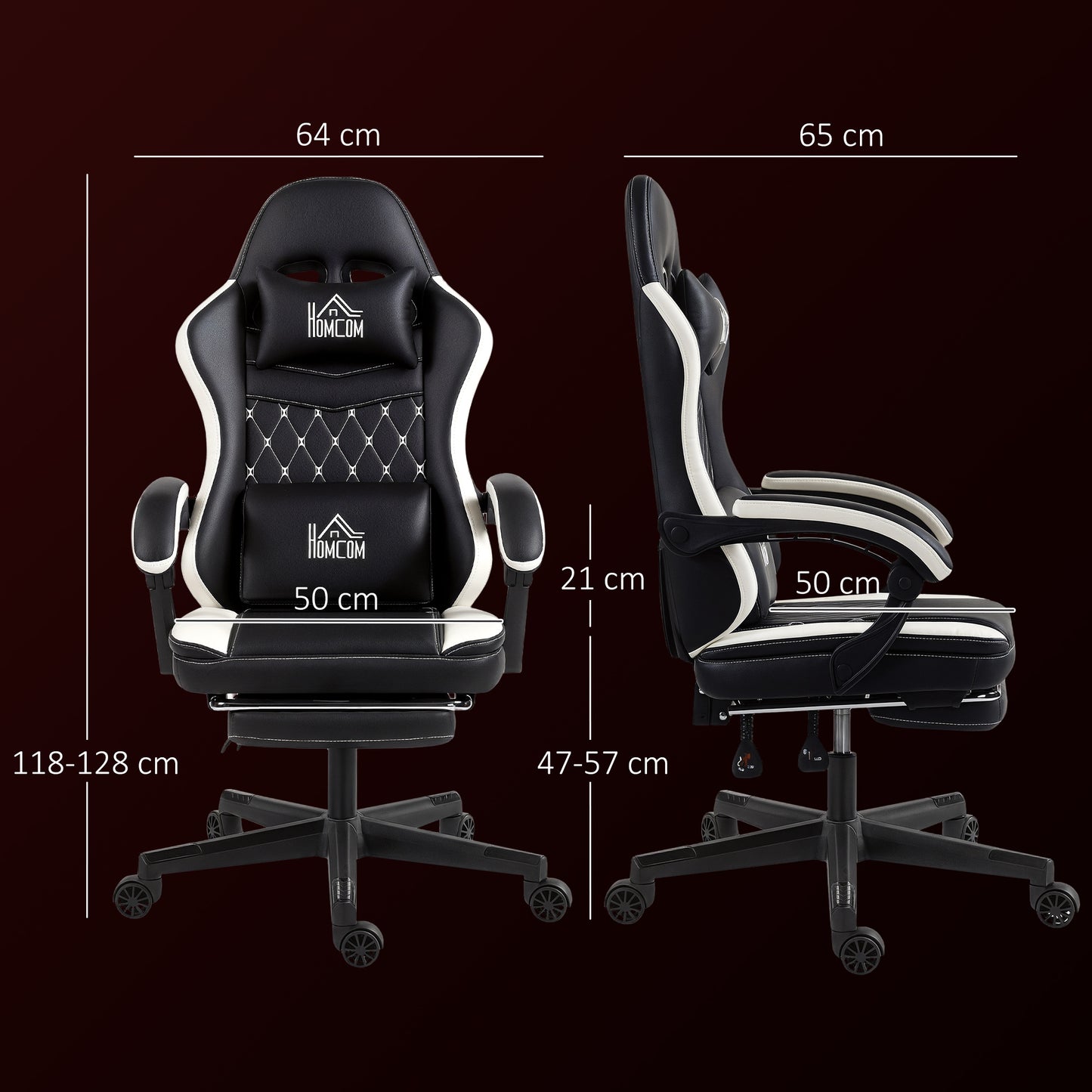 HOMCOM Gaming-Stuhl mit Fußstütze, Computerstuhl mit Kopfstütze & Kissen, Kunstleder-Bezug, drehbar, höhenverstellbar, Metall, Kunststoff, Schwarz+Weiß