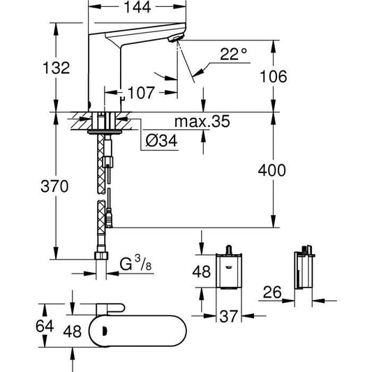 GROHE FAUXT Lavabo De Bain De Bain Infrarouge Get E, adjustable temptor limiter, contactless trigger, 36366001