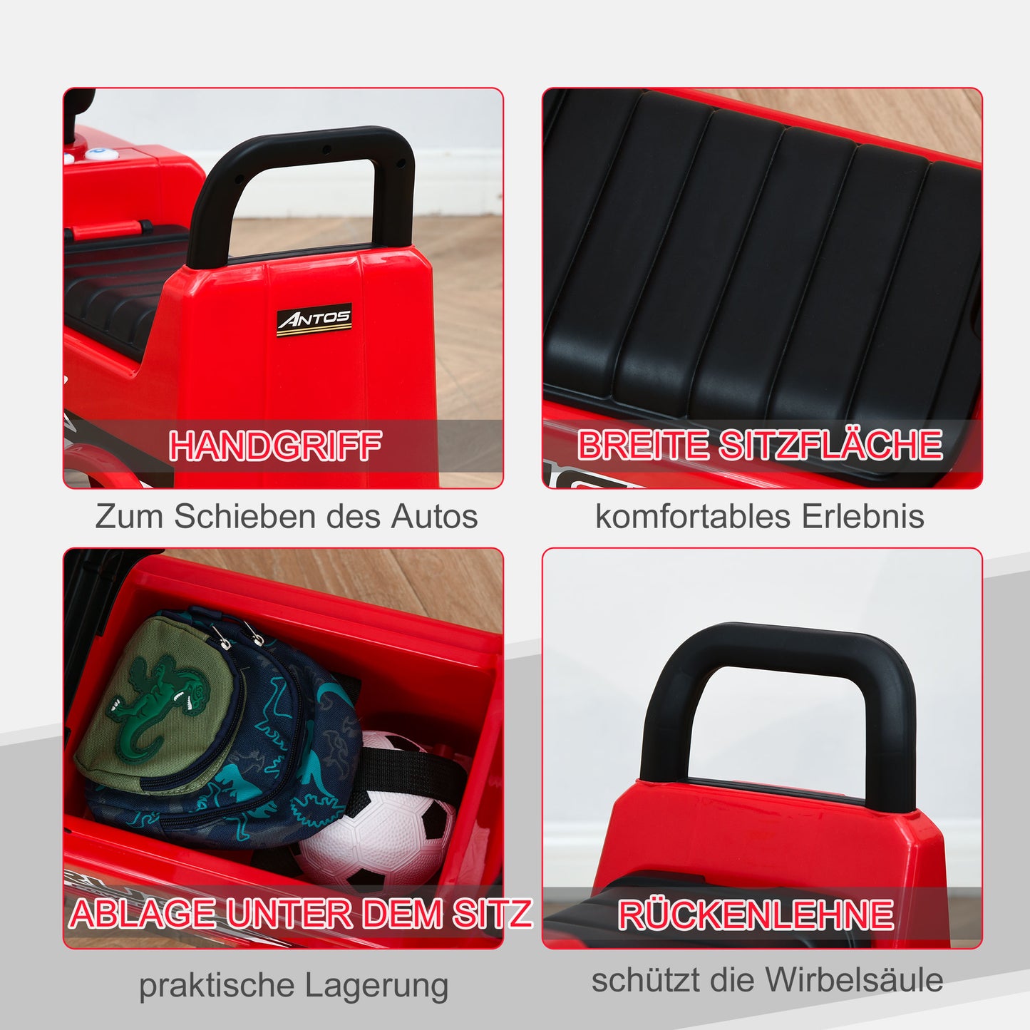 HOMCOM Rutscherfahrzeug Rutscherauto Babyrutscher Kinderfahrzeug lizenziert von Mercedes ANTOS-LKW-Stil mit Licht für Kinder von 12 bis 36 Monaten Metall PP-Kunststoff Rot+Schwarz 62,5x28,5x45cm