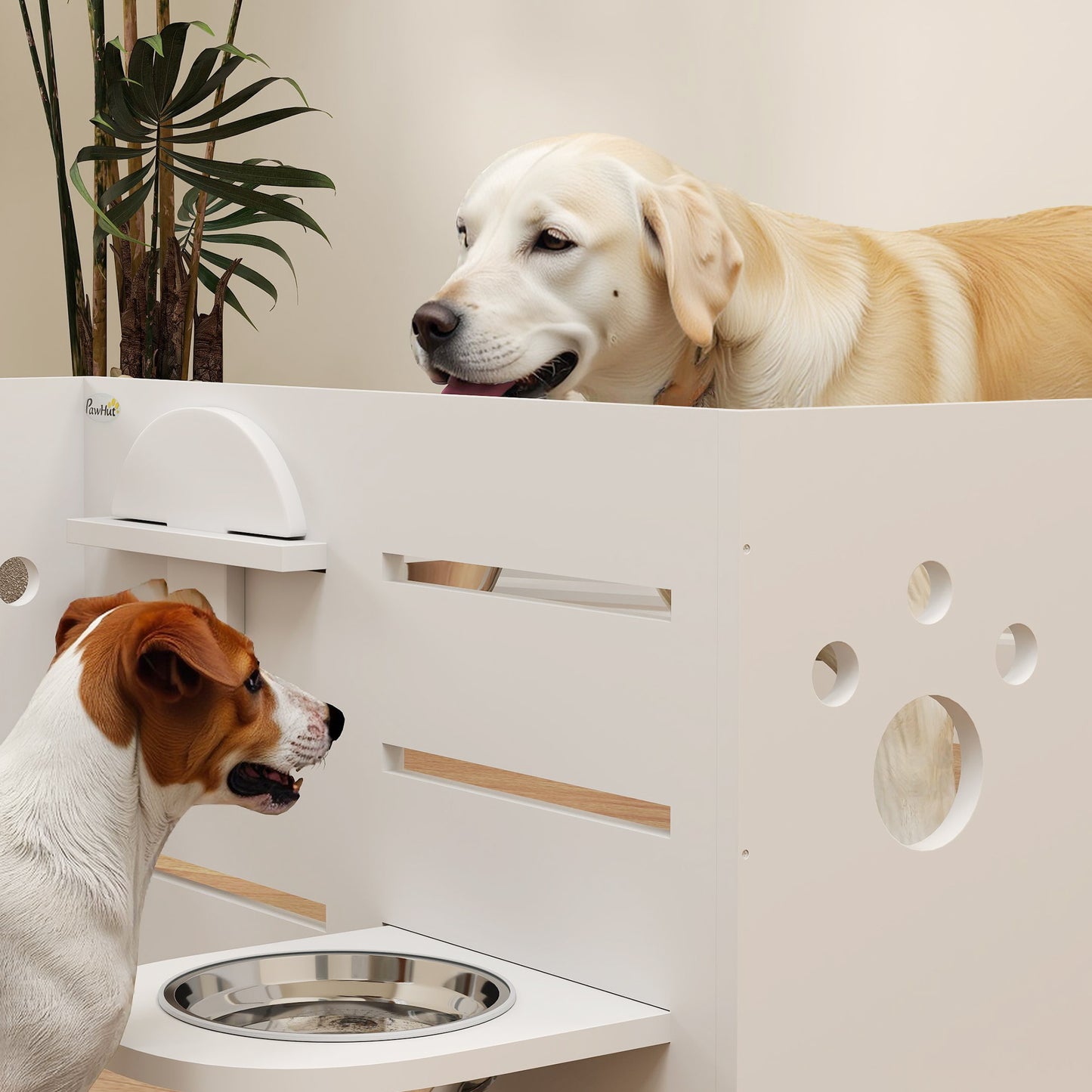 PawHut Hundefutternapf-Gestell, verstellbar Futternäpfe med separat design, 2 Edelstahlschüsseln, Anti-Schling-Matte, Weiß