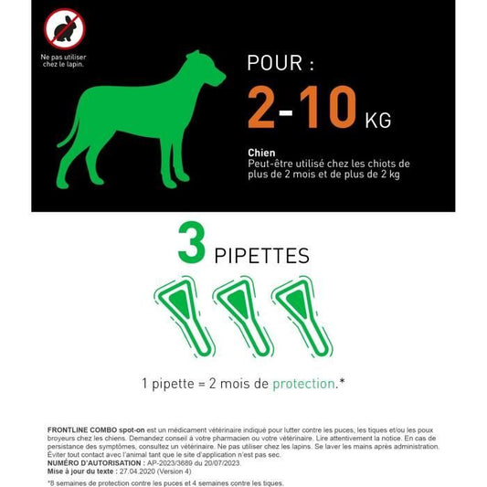 FRONTLINE 3 COMBO Antiparasitic Pipettes for Dogs - 2 to 10 kg - Fleas, ticks, chewing lice