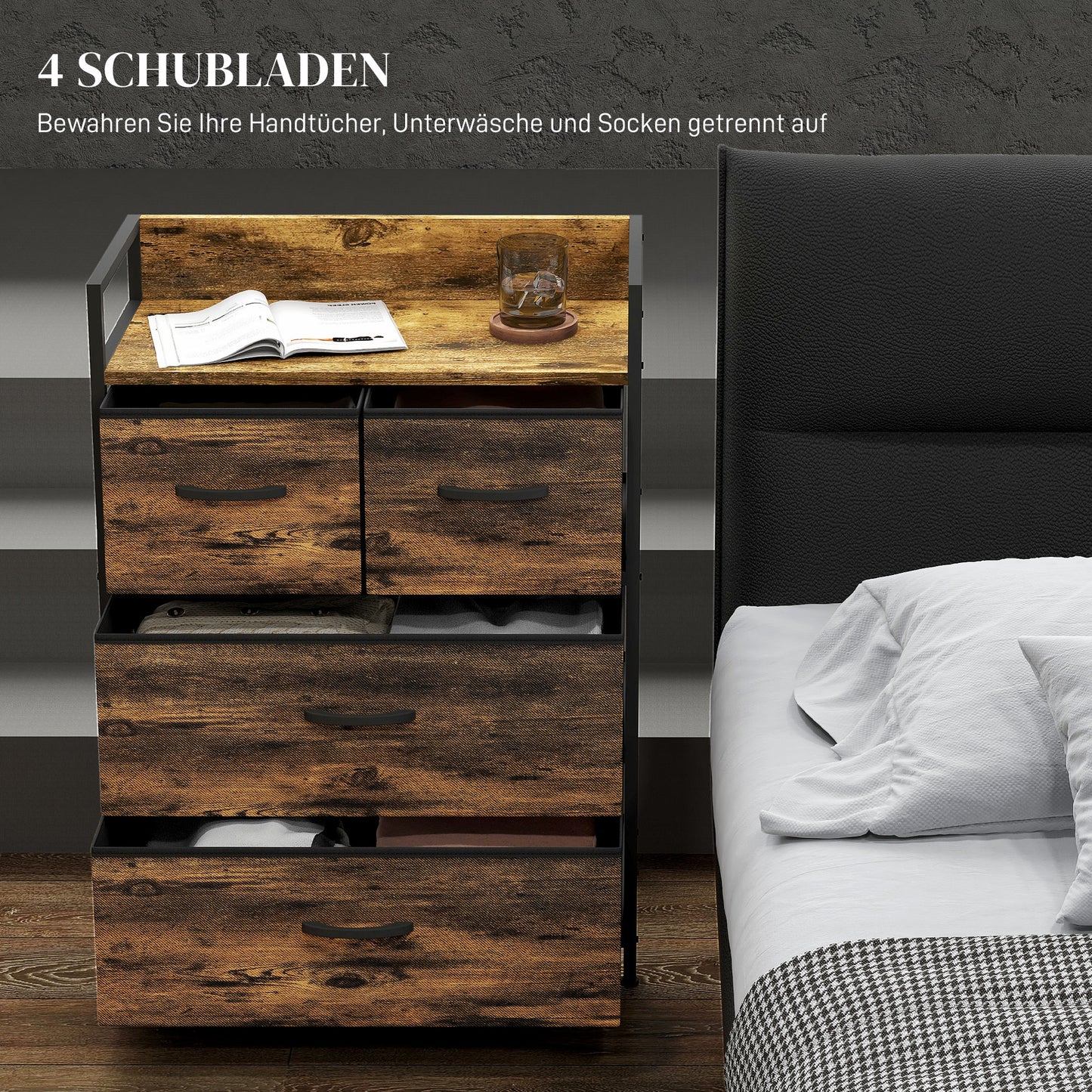 HOMCOM Kommode, Sideboard, 4 Stoffschubladen, Industrial Design, 60x29x85cm, Braun/Schwarz