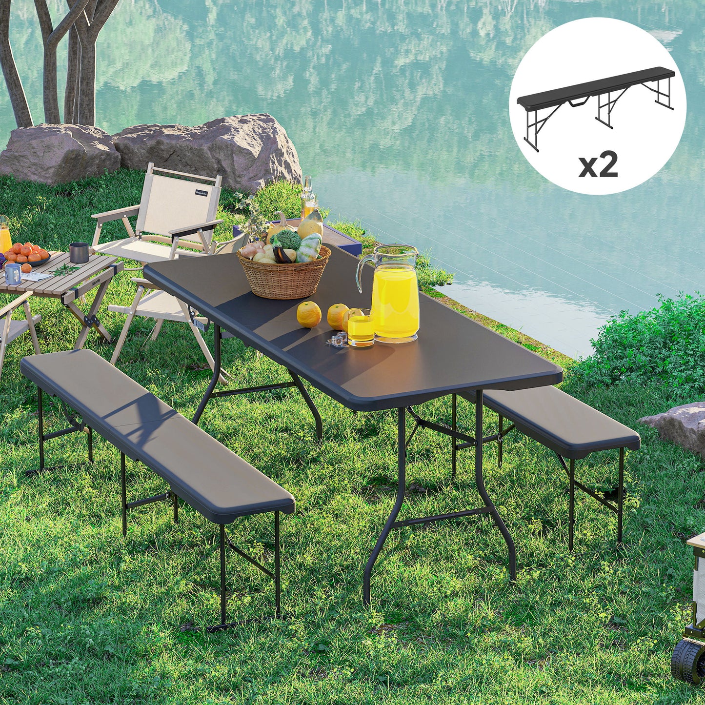 Outsunny Campingbank, Kunststoff-Outdoor-Bank, 240 kg Belastbarkeit, Schwarz