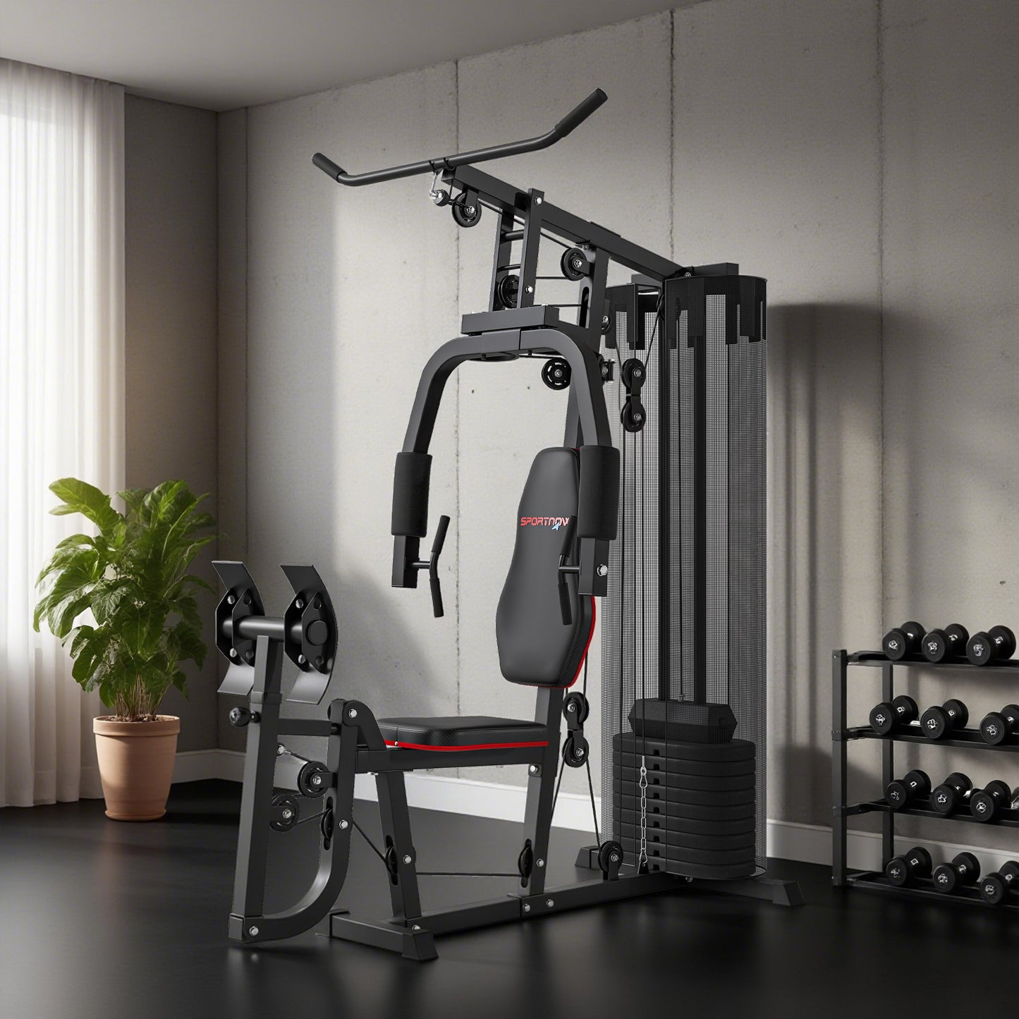 SPORTNOW Heim-Fitnessstation mit 45 kg Gewichtsblöcken, Hochseilzug, Bruststation, Beinpresse für vielseitiges Training