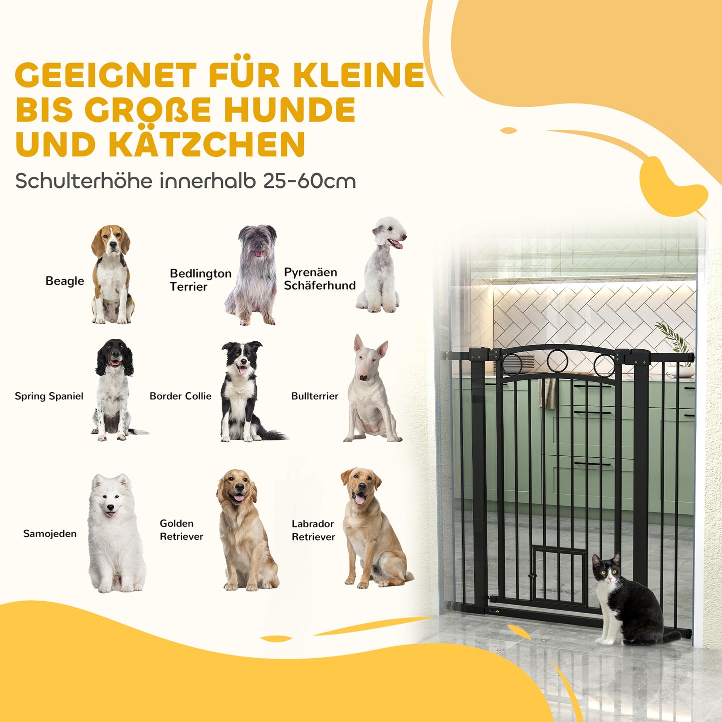 PawHut 106 cm hohes Haustiergitter med anpassbarer Breite, integrierte Katzentür, für Treppen och Türrahmen, Schwarz