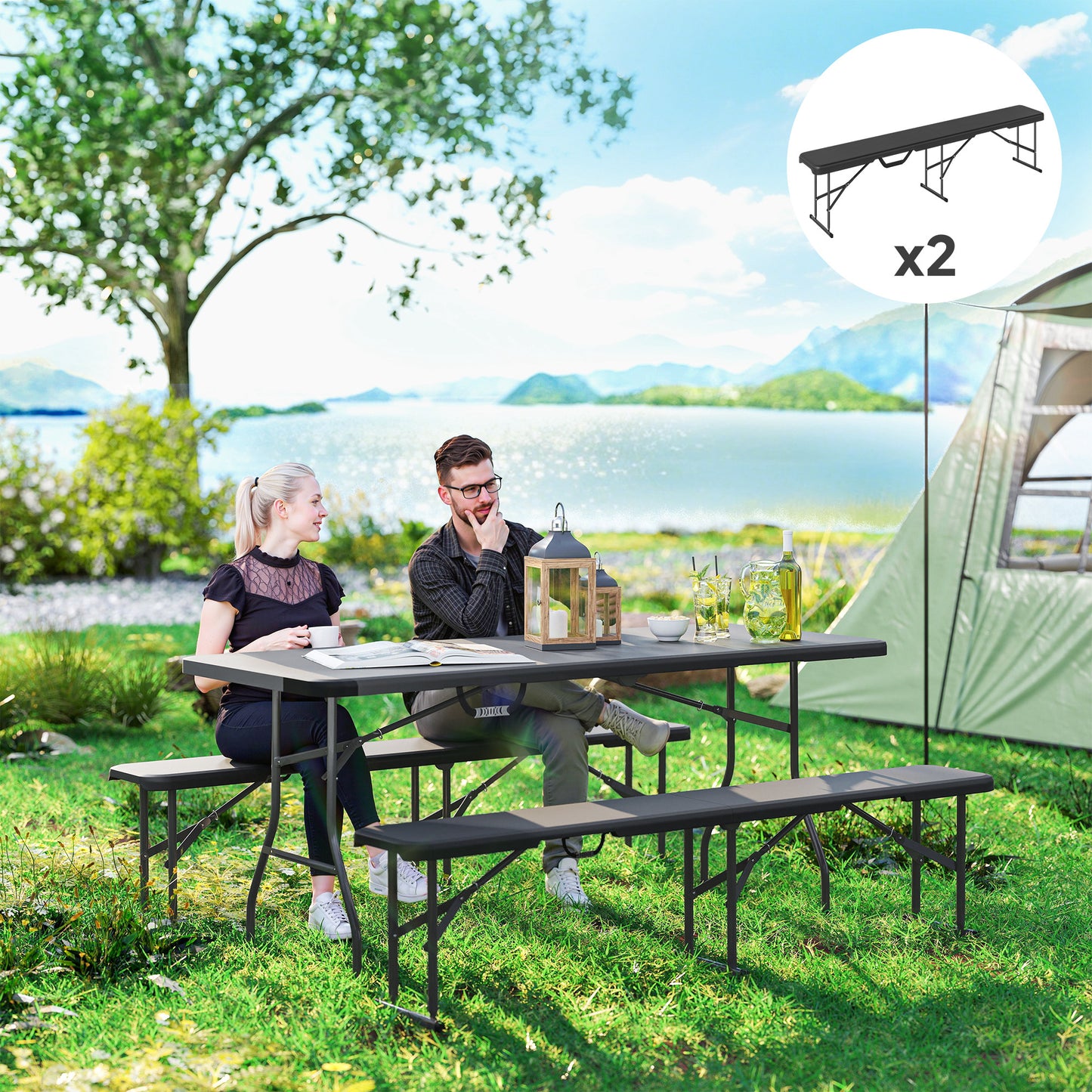 Outsunny Campingbank, Kunststoff-Outdoor-Bank, 240 kg Belastbarkeit, Schwarz