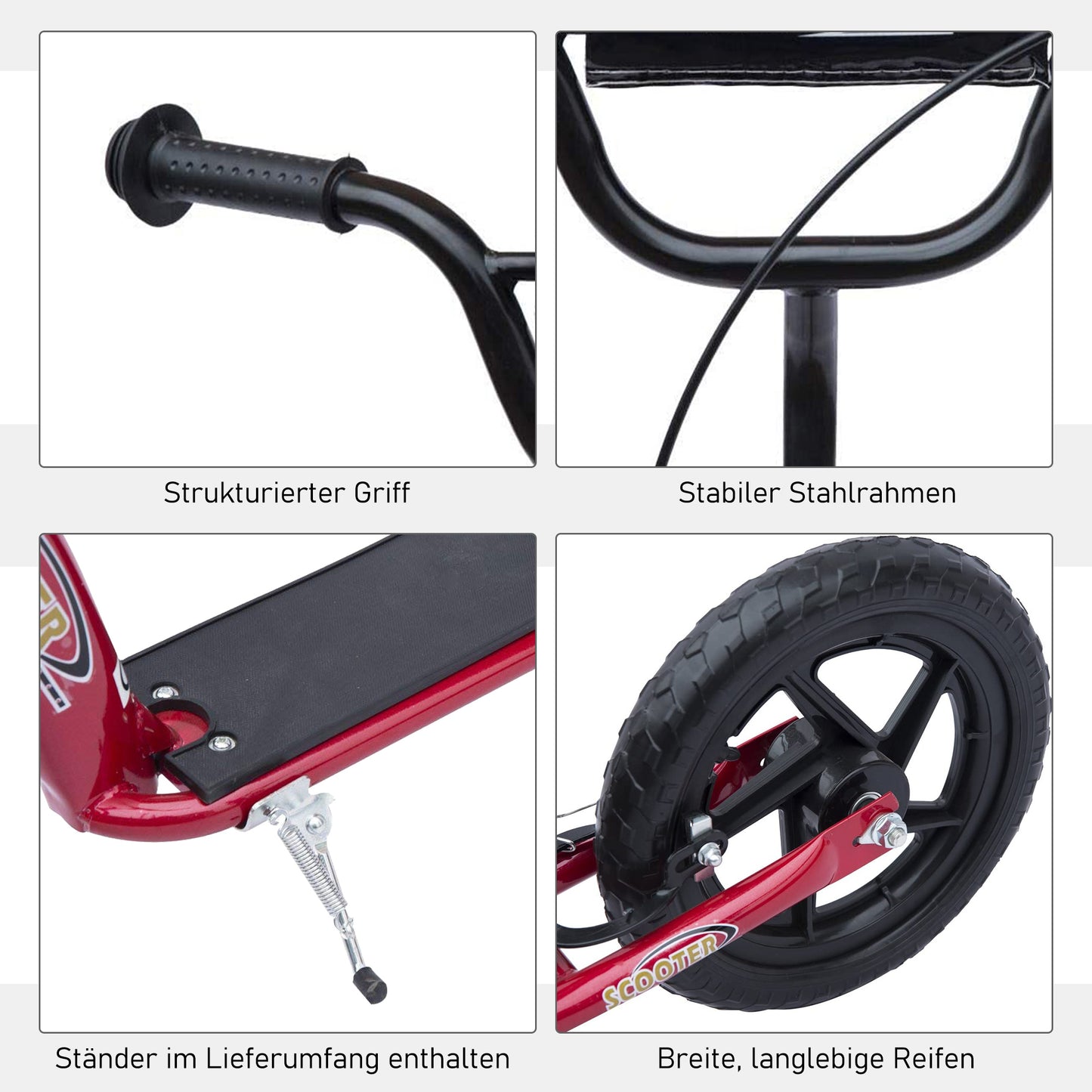 HOMCOM Kinderroller mit Hinterbremse Kickscooter 12 Zoll Tretroller Roller Scooter Cityroller für Kinder Kickboard Höhenverstellbar Stahl EVA Rot 120 x 52 x 80-88 cm