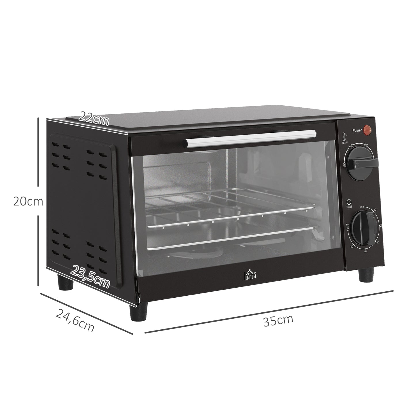 HOMCOM Mini-Backofen, 9 Liter Fassungsvermögen, Einstellbare Temperatur und Garzeit, mit Grillrost und Backblech, Schwarz