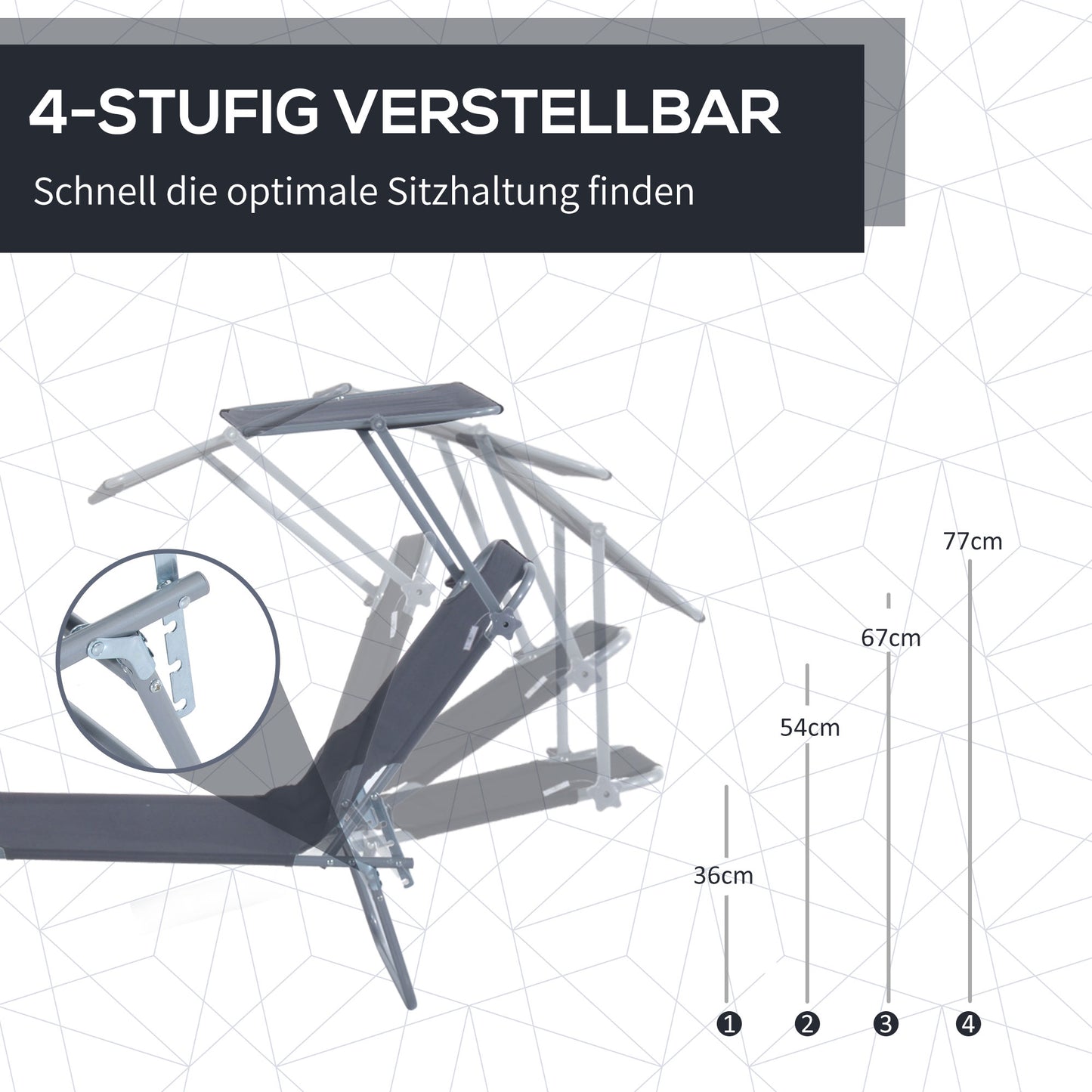 Outsunny Sonnenliege klappbar Gartenliege mit Sonnenschutz Wellnessliege mit 4-Fach verstellbare Rückenlehne Strandliege bis 120kg belastbar für Garten, Balkon und Pool geeignet, 6 Farben(Grau )