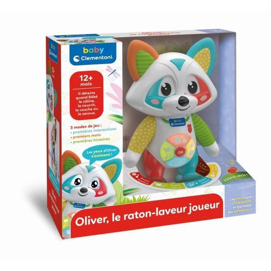 Baby Clementoni - Oliver, the playful raccoon - Interactive game - 4 game modes: Emotions, Meal, Story and Exploration.