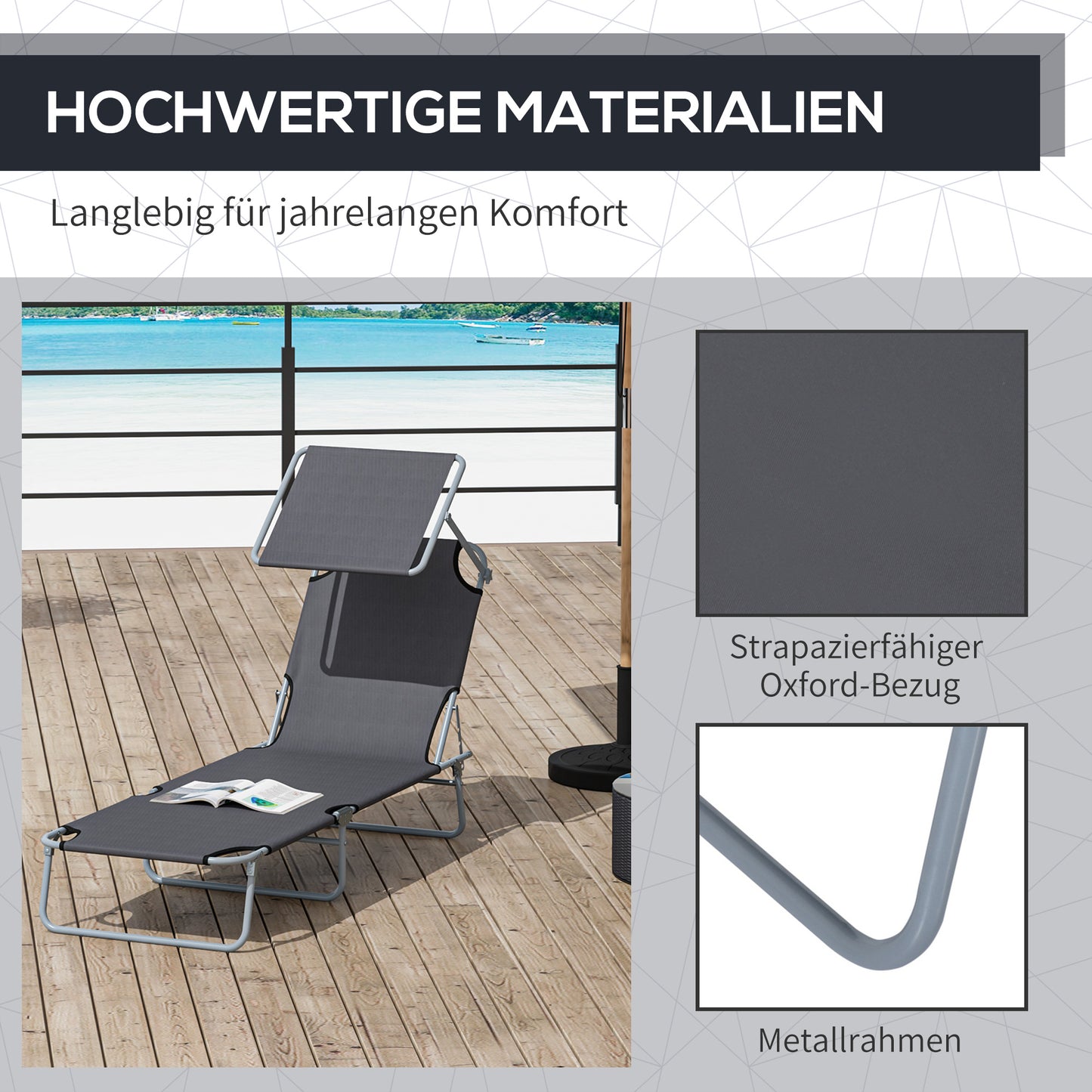 Outsunny Sonnenliege klappbar Gartenliege mit Sonnenschutz Wellnessliege mit 4-Fach verstellbare Rückenlehne Strandliege bis 120kg belastbar für Garten, Balkon und Pool geeignet, 6 Farben(Grau )