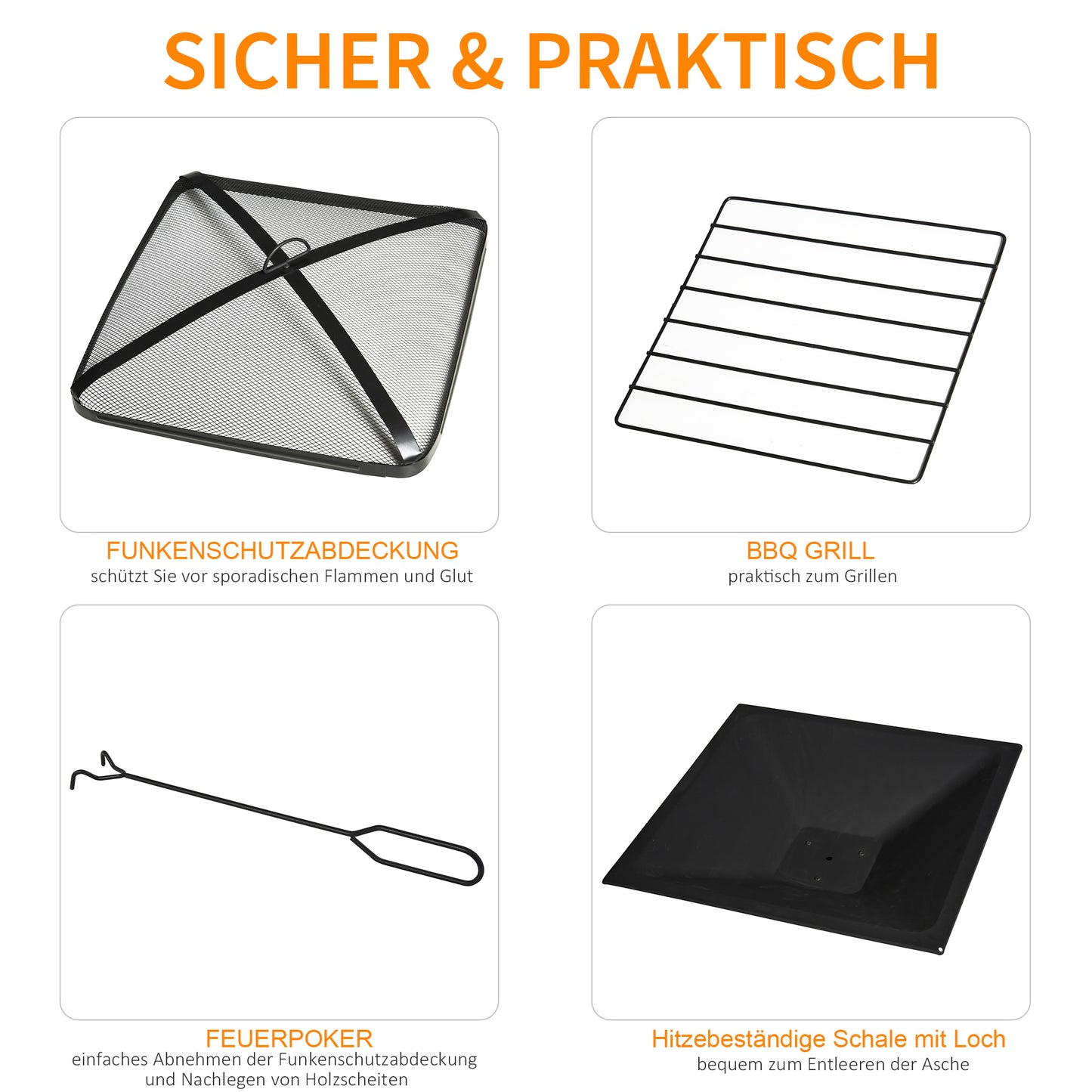 Outsunny 3-in-1 Feuerschale Feuerkorb Feuerstelle mit Funkenschutz Grillrost Eiskübel Garten BBQ Schwarz 76cm x 76cm x 47cm