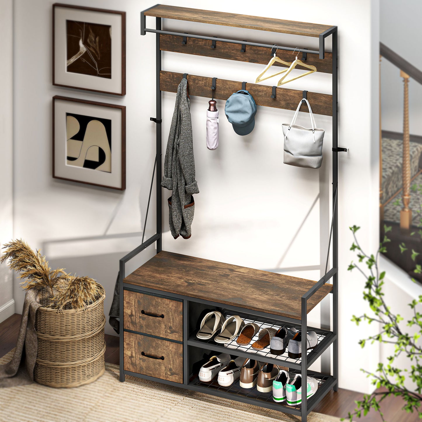 HOMCOM 6-in-1 Garderobenständer mit Sitzbank und Schuhregal, Industrie-Stil, 10 Haken, 2 Stoffschubladen, Metall, Braun