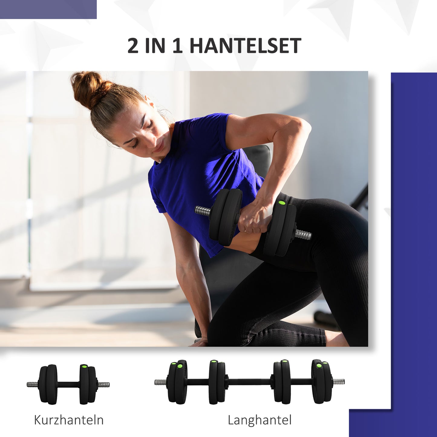 SPORTNOW 2-in-1 Hantel-Set, Lang- & Kurzhantel, 15 kg, rutschfest, bodenschonend, Schwarz/Grün