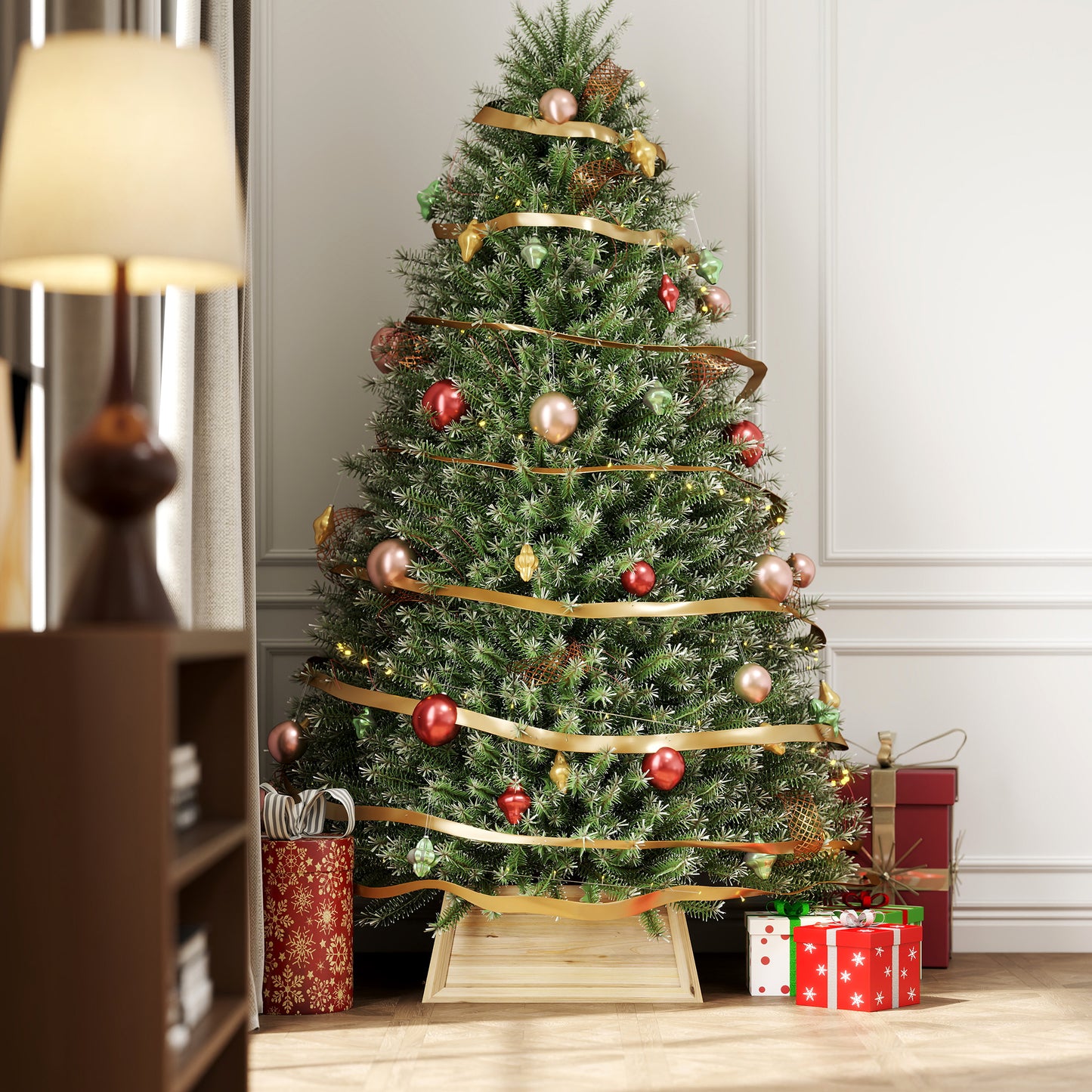 HOMCOM Weihnachtsbaumrock 65 x 65 cm Weihnachtsbaum Kragen aus Tannenholz Naturholz