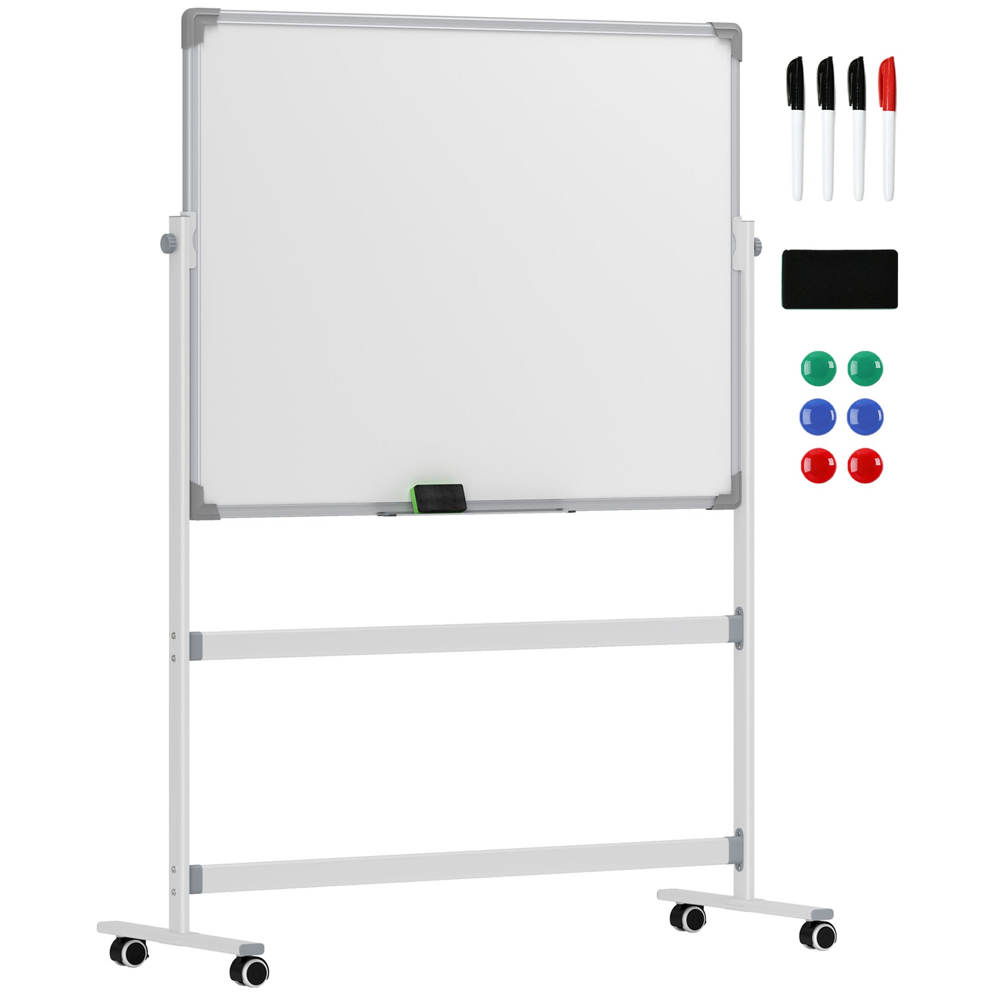 HOMCOM Whiteboard,120 x 90 cm, magnetisch, drehbar, mobil, inkl. Marker & Schwamm, Metallgestell, Weiß