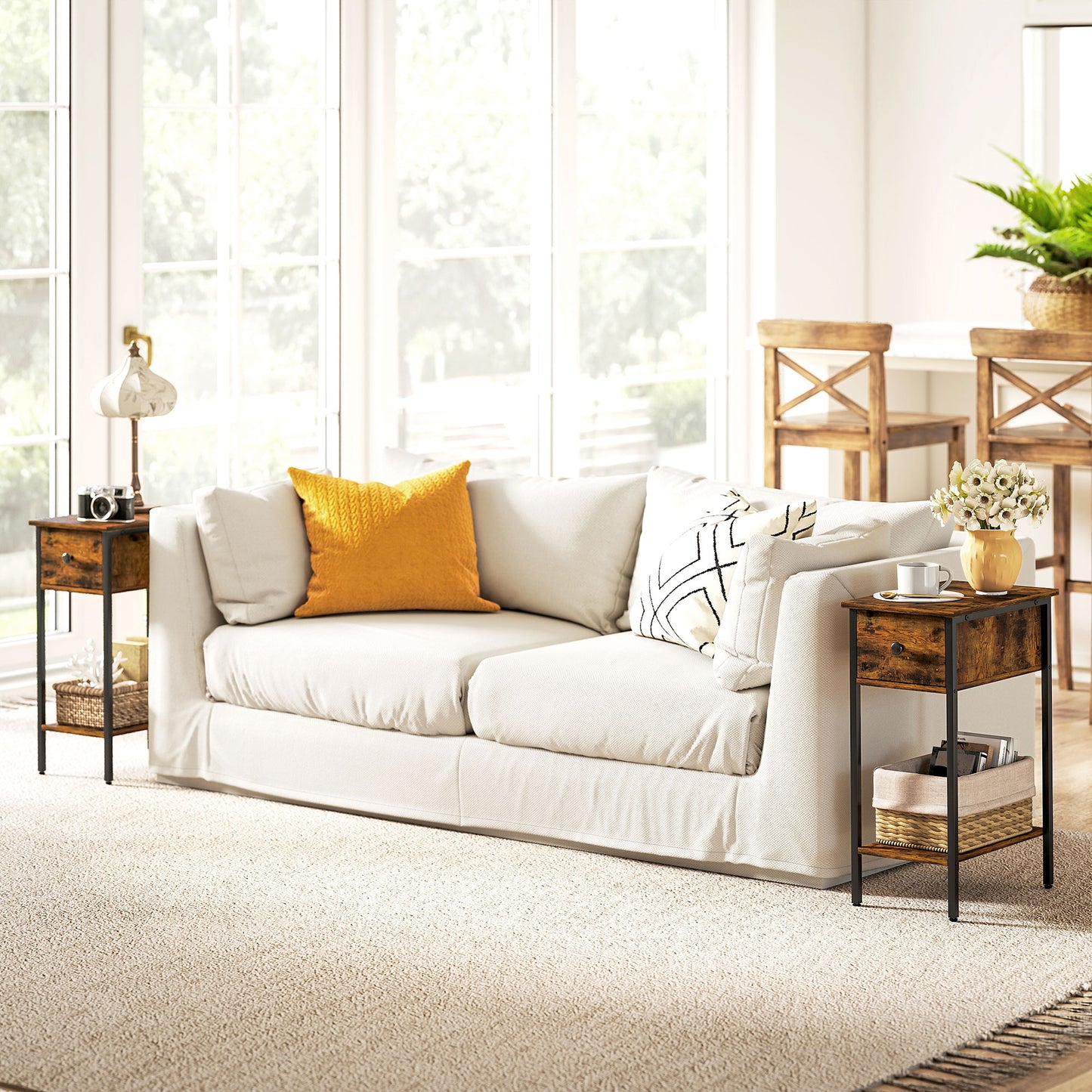 HOMCOM Beistelltisch mit offenem Fach und Schublade, Nachttisch, Metallbeine, Holz, Braun