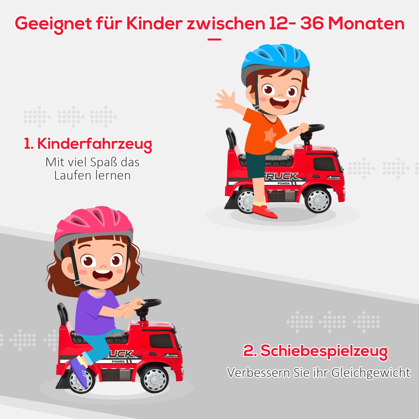 HOMCOM Rutscherfahrzeug Rutscherauto Babyrutscher Kinderfahrzeug lizenziert von Mercedes ANTOS-LKW-Stil mit Licht für Kinder von 12 bis 36 Monaten Metall PP-Kunststoff Rot+Schwarz 62,5x28,5x45cm