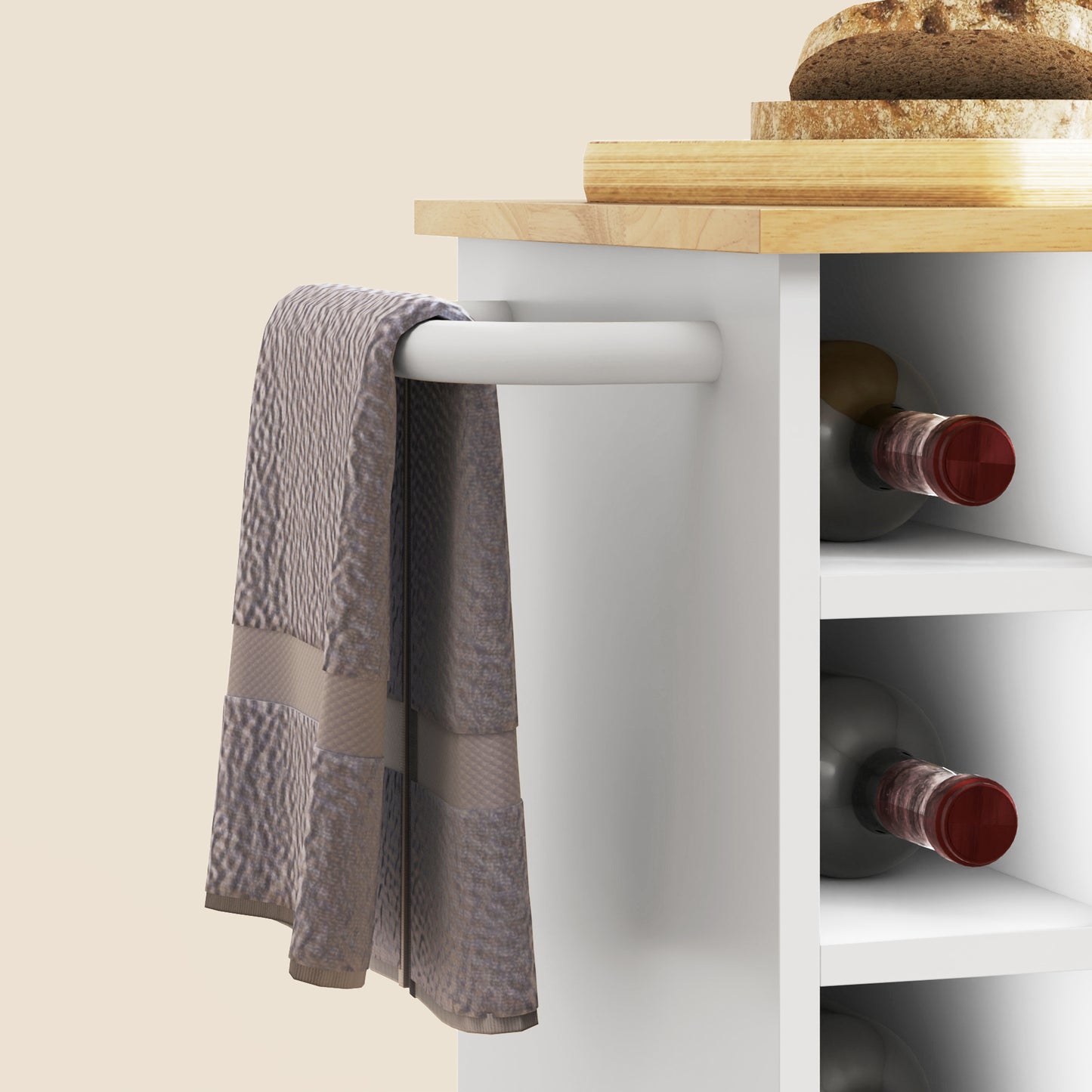 HOMCOM Küchenwagen, Rollbare Kücheninsel, Küchen-Trolley mit Fächern, Weinregalen, Schrank und Arbeitsfläche, Weiß