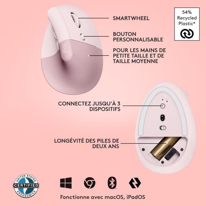 Logitech Lift Ergonomic Vertical Wireless Mouse, Bluetooth or Logi Bolt USB Receiver, Silent - Pink