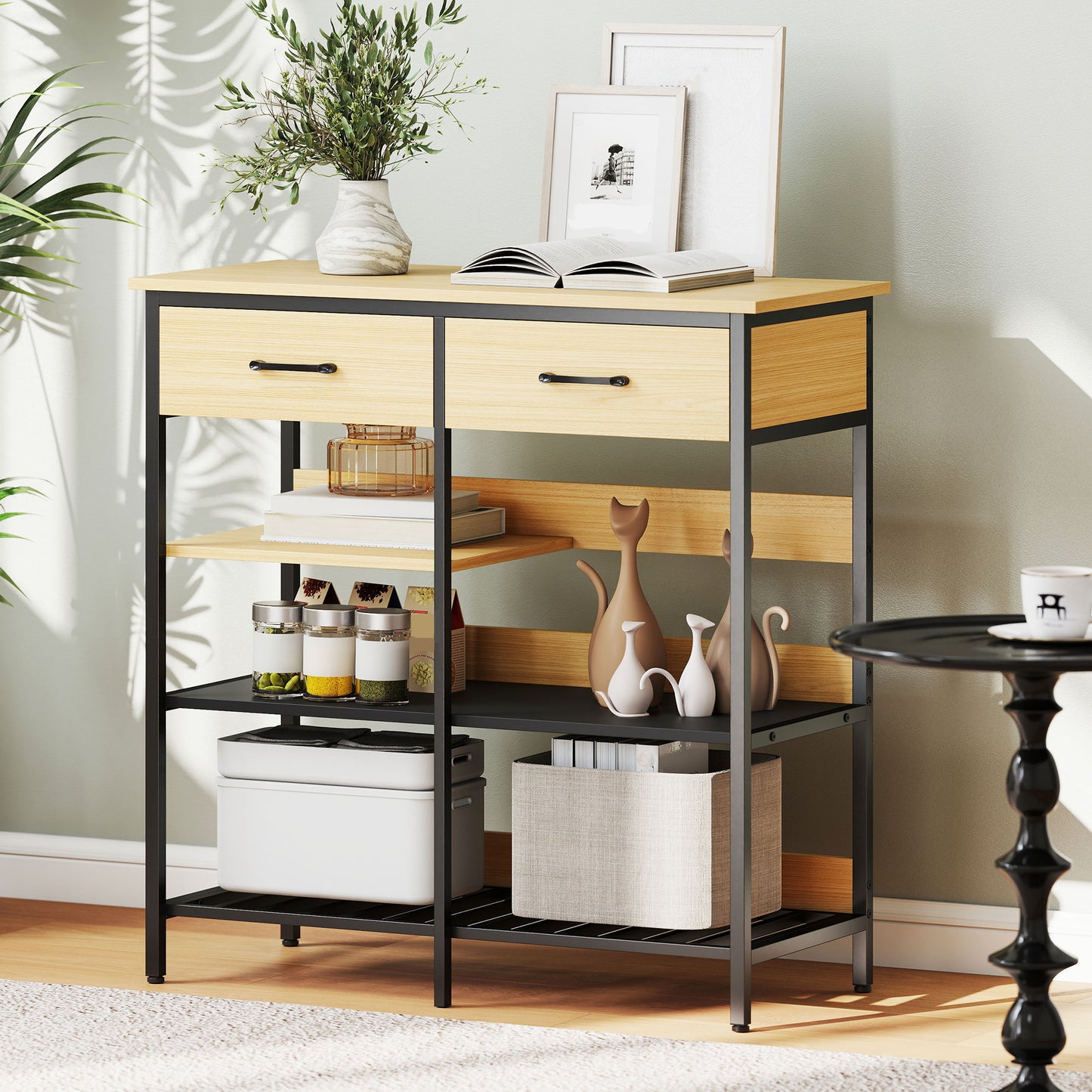 HOMCOM Sideboard, Kommode mit 2 Schubladen, 3 offenen Regalen Küchenschrankfür Küche, Wohnzimmer 90 x 40 x 91 cm, Naturholz